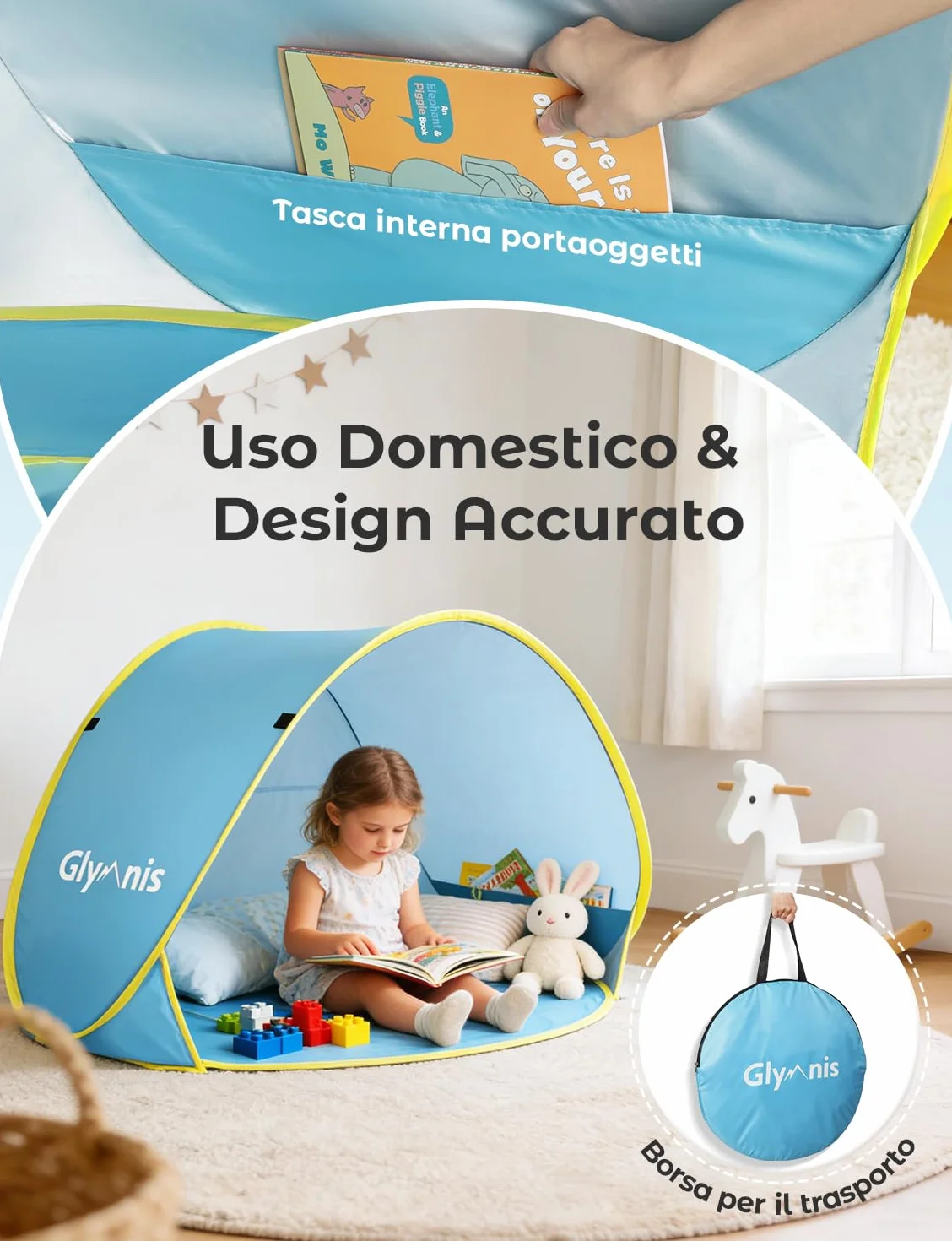 Glymnis Tenda da Spiaggia Bambini Tenda Bambini Pop Up con Mini Piscina Tenda per Neonati Pieghevole Portatile Protezione Solare UPF 50+, Blu