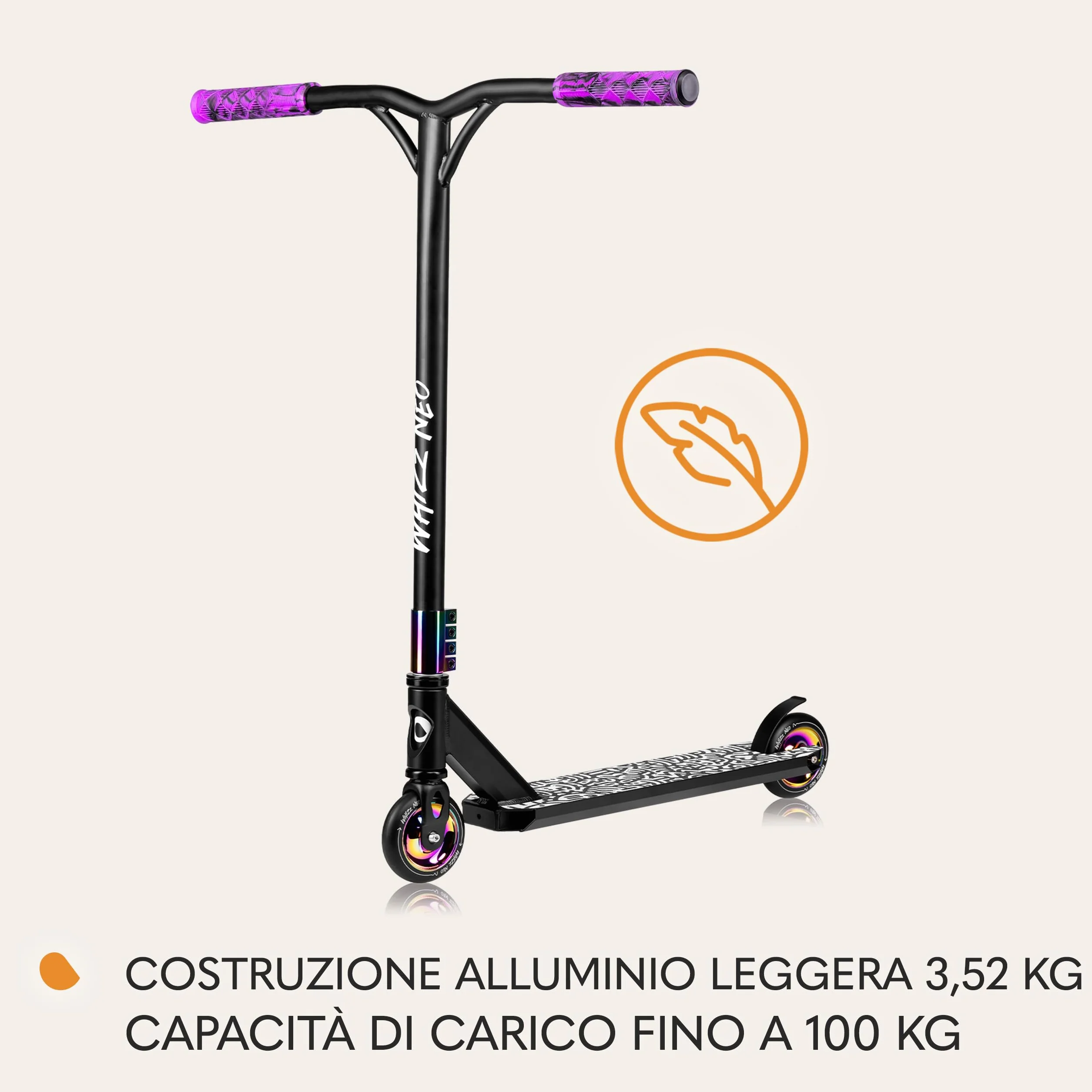LIONELO Whizz Hoverboard Stunt Scooter Freestyle ABEC-9 Aluminium Deck HIC Compression 110mm Wheels T-Bar Handlebar Flex Fender Brake Steel Neon