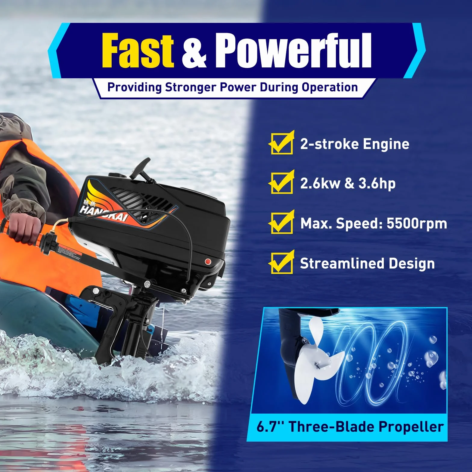 Motore Fuoribordo 2 Tempi 3,6 CV 55 cc 5500 giri/min per Gommone da Pesca e Barche