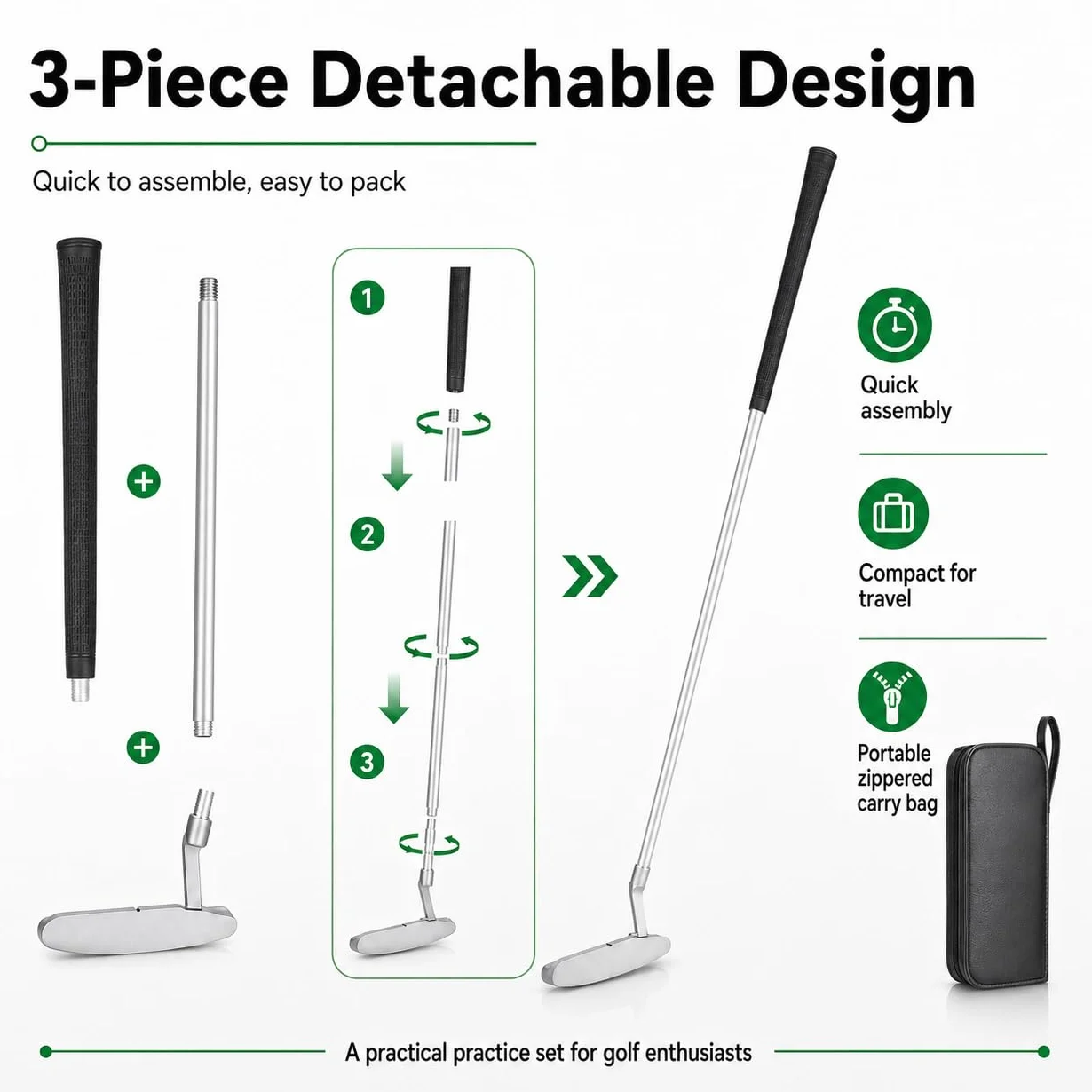 Mazza da Golf in Lega di Alluminio Staccabile, Putter Destri, Set da Ufficio con Palline e Sacca