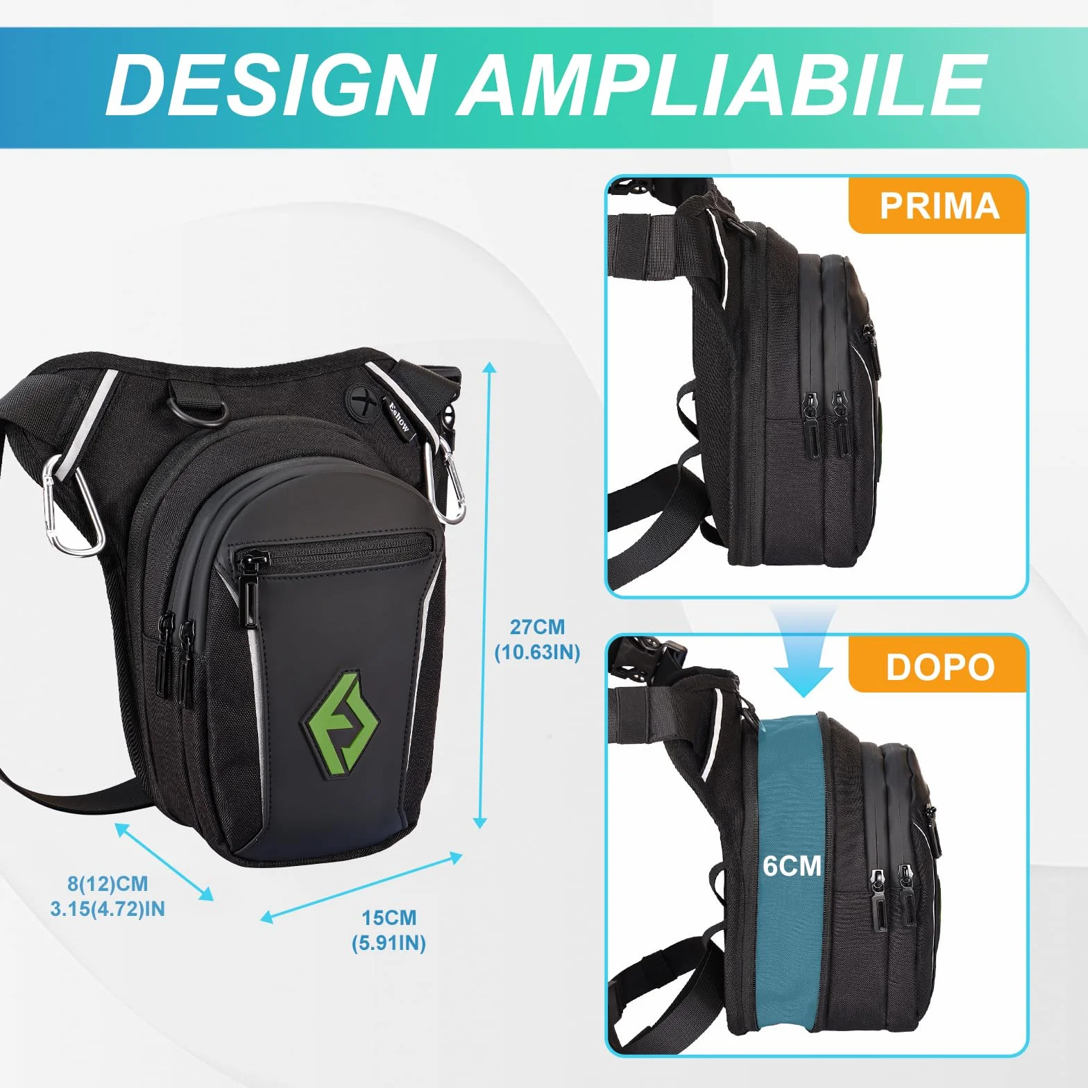 Eshow Marsupio da Gamba Moto, Borsa Cosciale Espandibile con Striscia Riflettente e Cintura Regolabile per Uomo Donna, Borsello Sportivo Nero