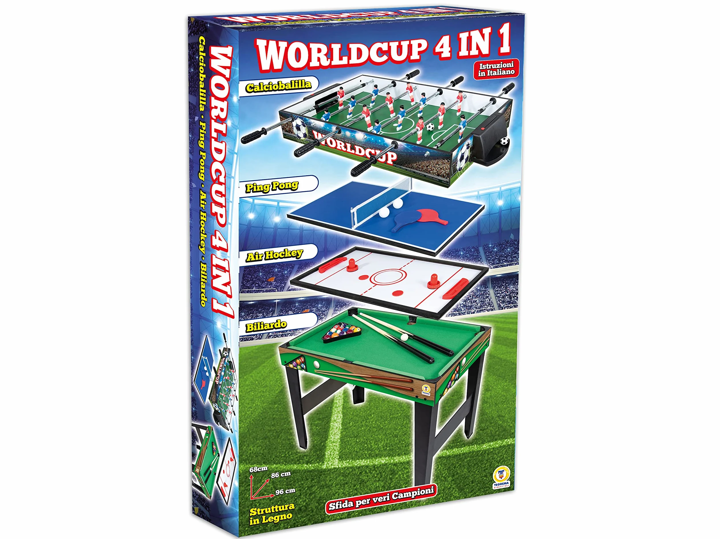 Teorema Giocattoli Tavolo Multigioco 4 in 1 Calcio Balilla Ping Pong Air Hockey Biliardo Legno