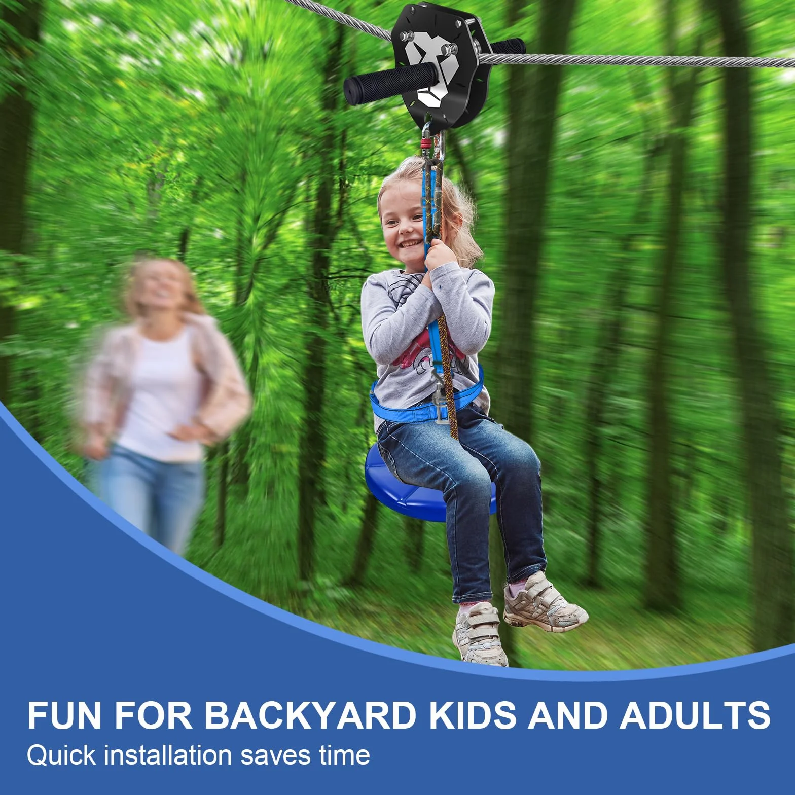Kit Zip Line 48,8 m per bambini e adulti 172,4 kg - Carrello rimovibile con leone, freno a molla 2 m, protezioni per alberi