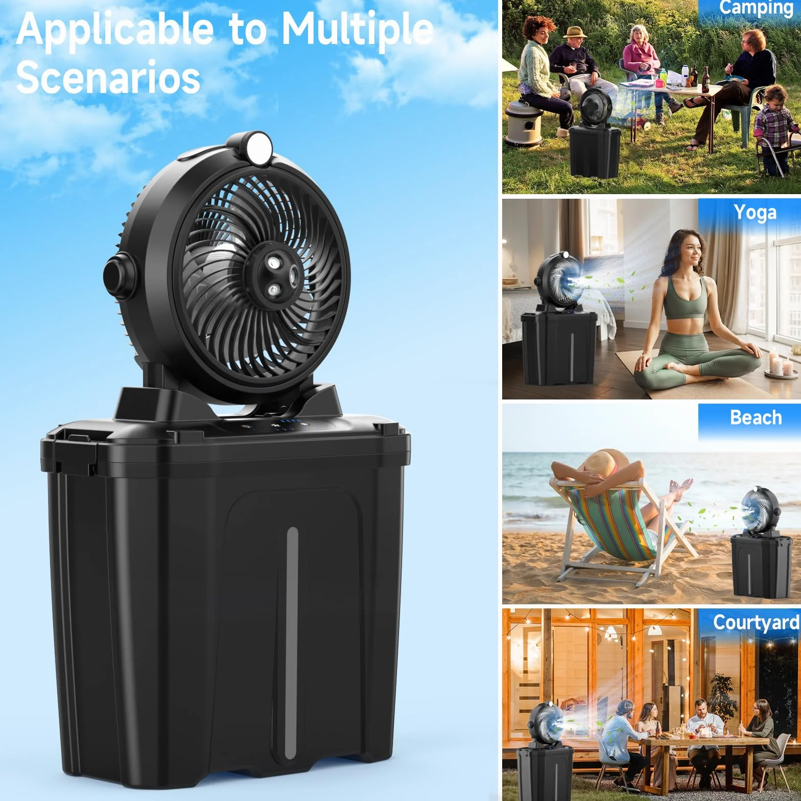 Ventilatore da Campeggio con Secchio da 11 Litri e Luce a LED, 20000mAh Batteria Ricaricabile Ventilatore Nebulizzatore, 3 Velocità, 3 Modalità di Nebulizzazione, Campeggio/Pesca/Viaggi