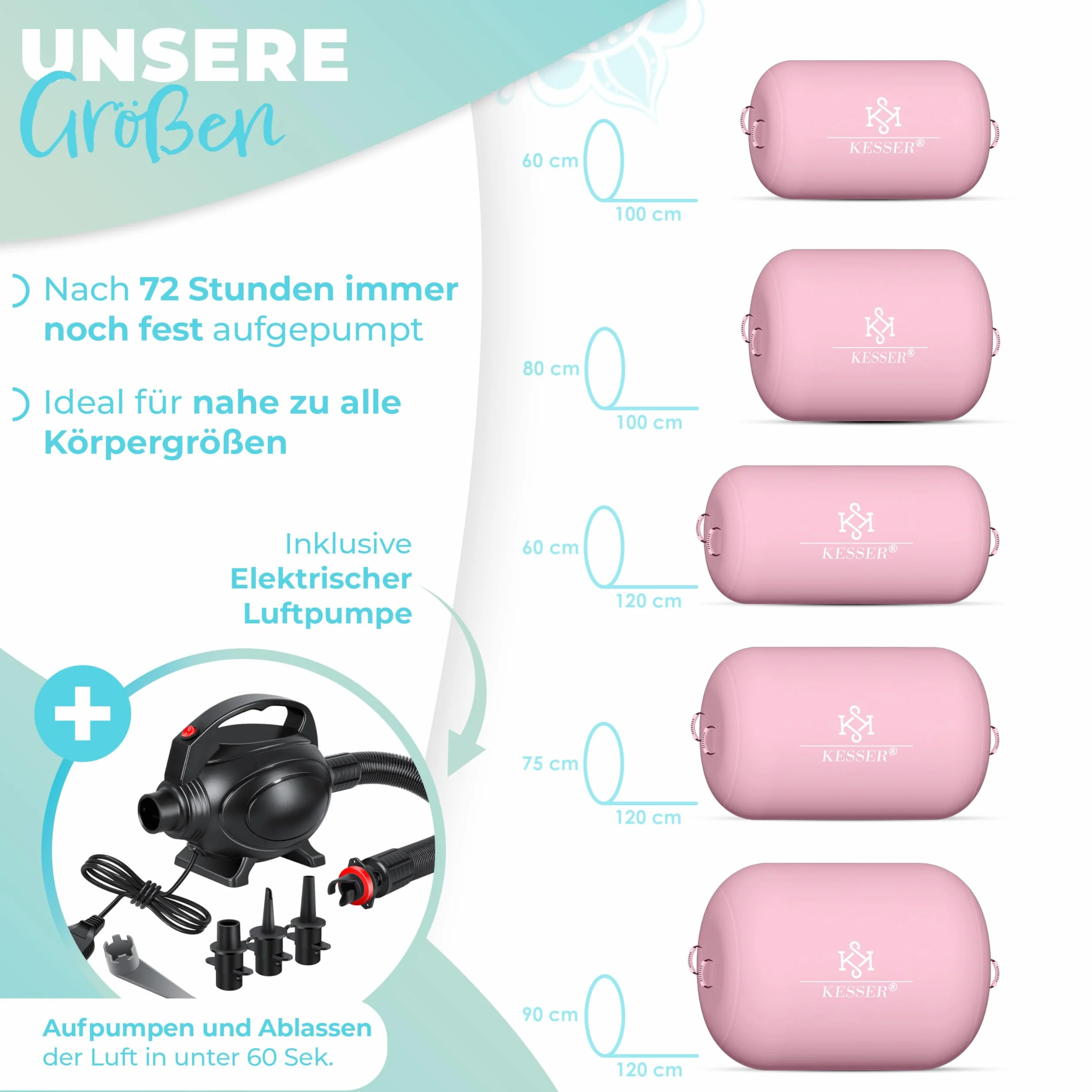KESSER® Air Roll Airtrack, rullo gonfiabile, per ginnastica, con borsa per il trasporto e pompa ad aria, a barile, per la ginnastica, per lo yoga, per il fitness,