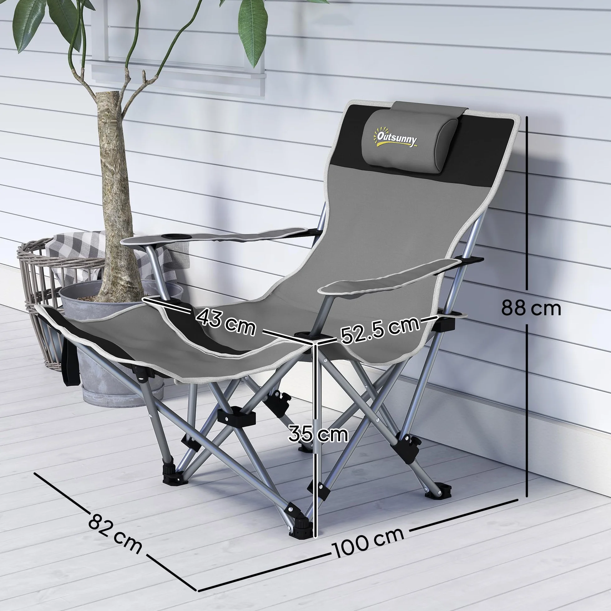 Outsunny Sedia da Campeggio Pieghevole con Poggiapiedi Staccabile, Portabicchieri e Tasca Laterale, Sedia da Giardino in Tessuto Oxford e Metallo, Portata Fino a 120 kg, 82x100x88 cm, Grigio