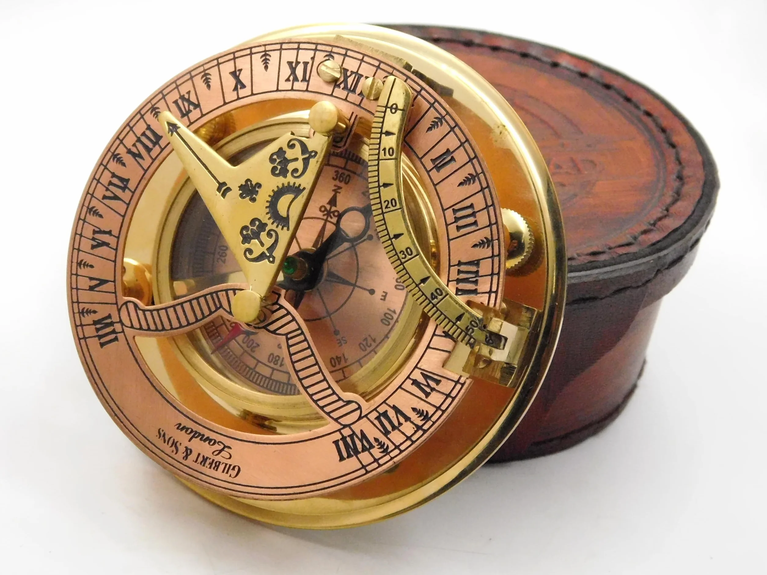 Antique Brass Sundial Compass with Leather Case