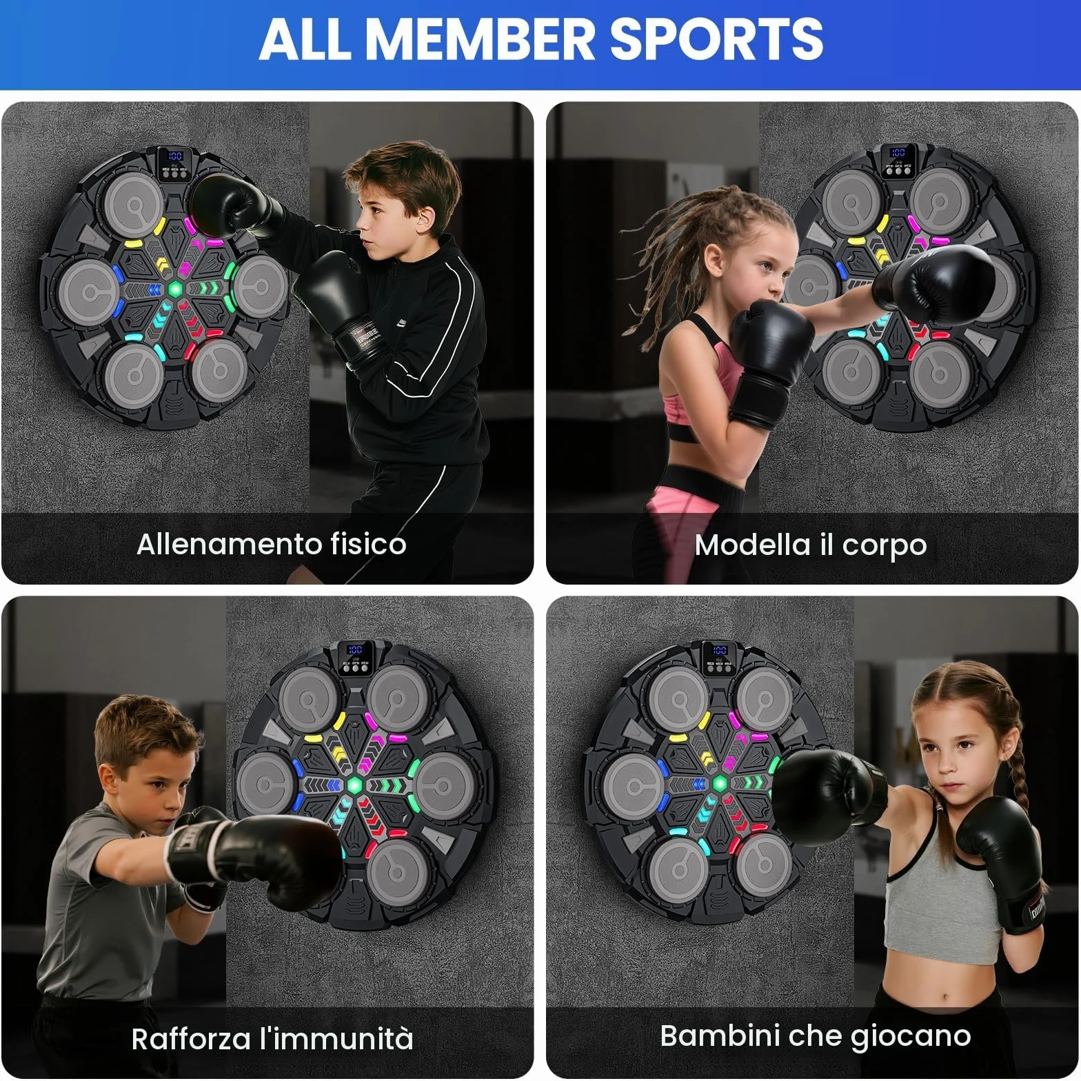 Macchina da Boxe Musicale, Nuovo Music Boxing Machine a Parete con Guanti, Connessione Bluetooth, Luci LED, Regolazione a 5 Velocità, Molteplici Modalità di Allenamento, Conteggio Automatico (A)