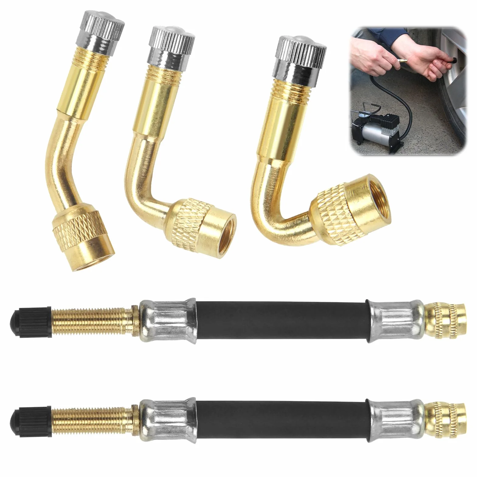 8 Pezzi Estensioni di Valvole a 90 Gradi, Adattatore Valvola ad Angolo, Prolunga della Valvola in Rame, Adattatore Valvola per Auto, Moto e Scooter, Resistente e Durevole, Facile Installazione
