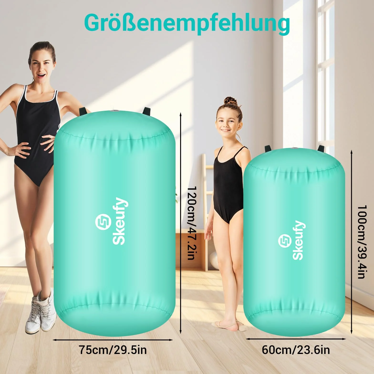 Skeufy Airtrack - Rotelle gonfiabili, cilindri per yoga, ginnastica, palestra, Air Barrel, colonna d'aria, tappetino sportivo per casa, attività all'aperto, fitness, verde, 100 x 60 cm