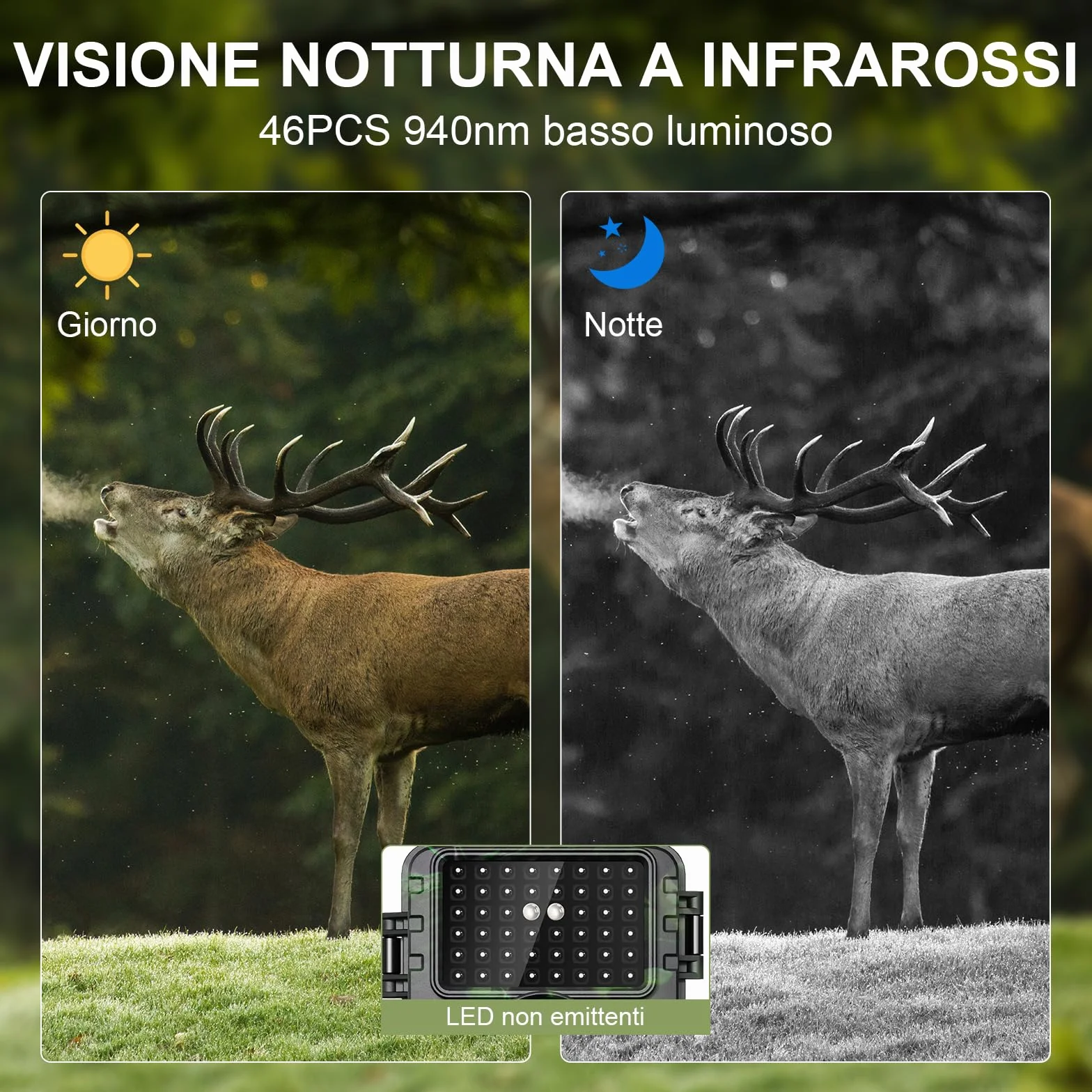 Fototrappola WiFi 4K 60MP con App, Notturna IR Visione 120 Ultra Grandangolo, Sensore di Movimento, 0,2s, 940nm