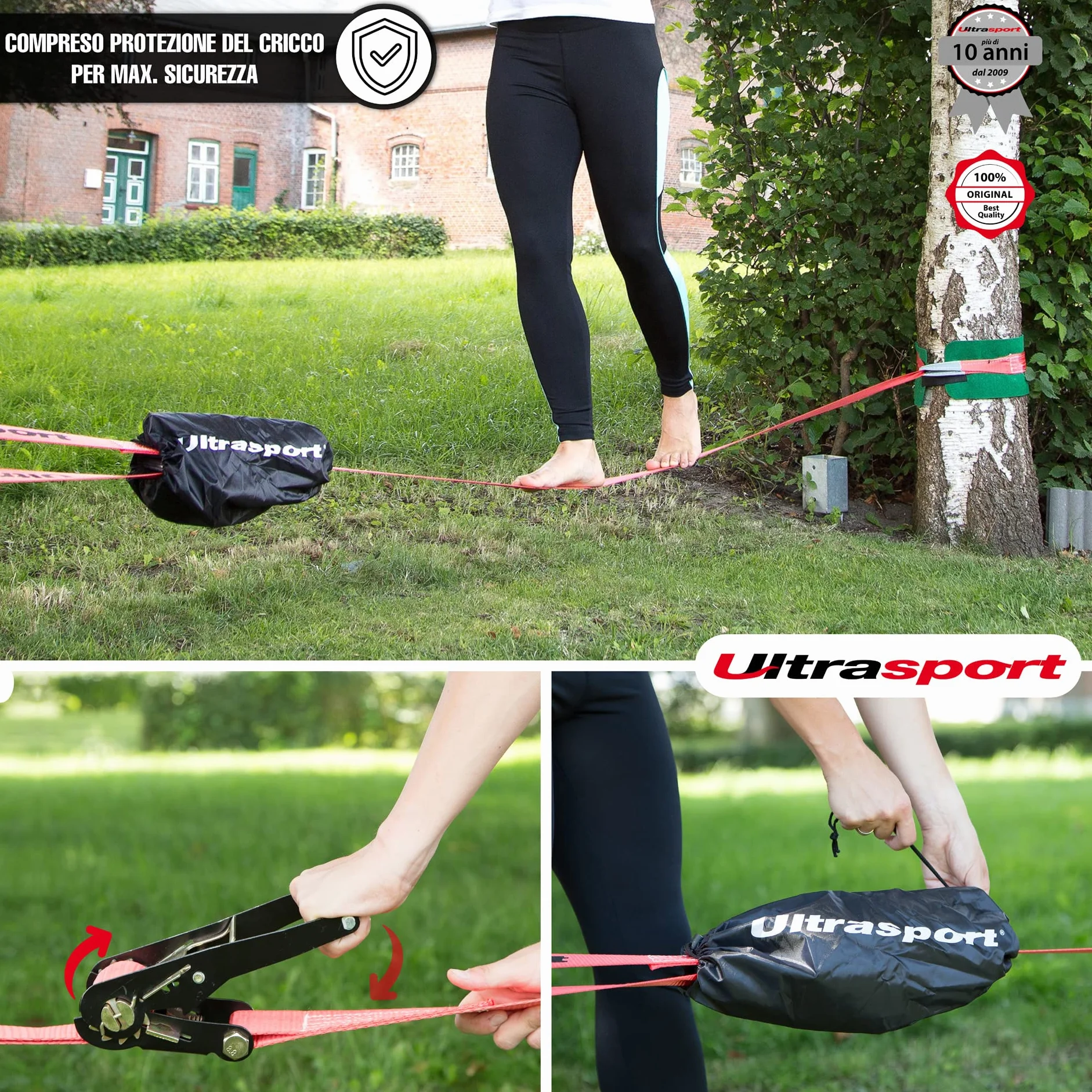 Ultrasport Slackline 15m-25m Set Completo con Cricchetto e Borsa Trasporto, Certificato TÜV GS