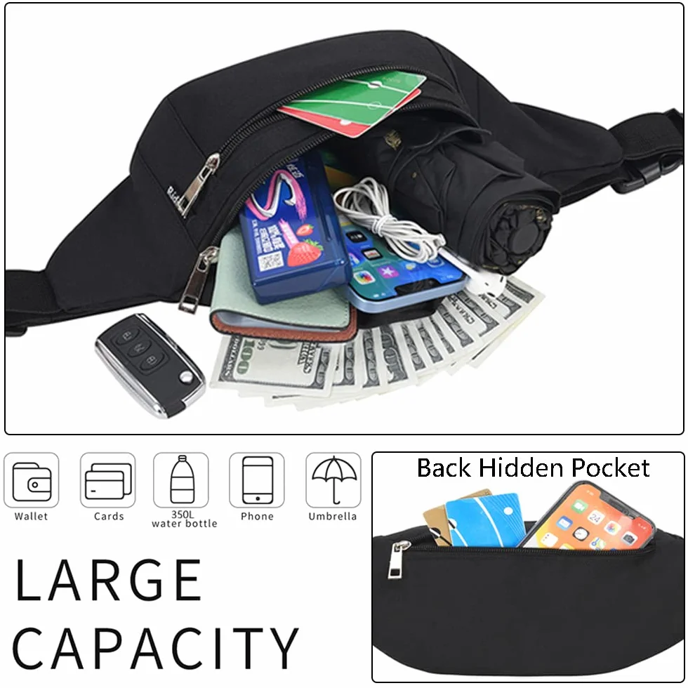 Marsupio Sportivo Uomo Donna Grande 4 Zip Tasche Cintura Regolabile Fibbia Sgancio Rapido Waist Bag Nylon Impermeabile Ciclismo Running Escursionismo Campeggio (Nero)