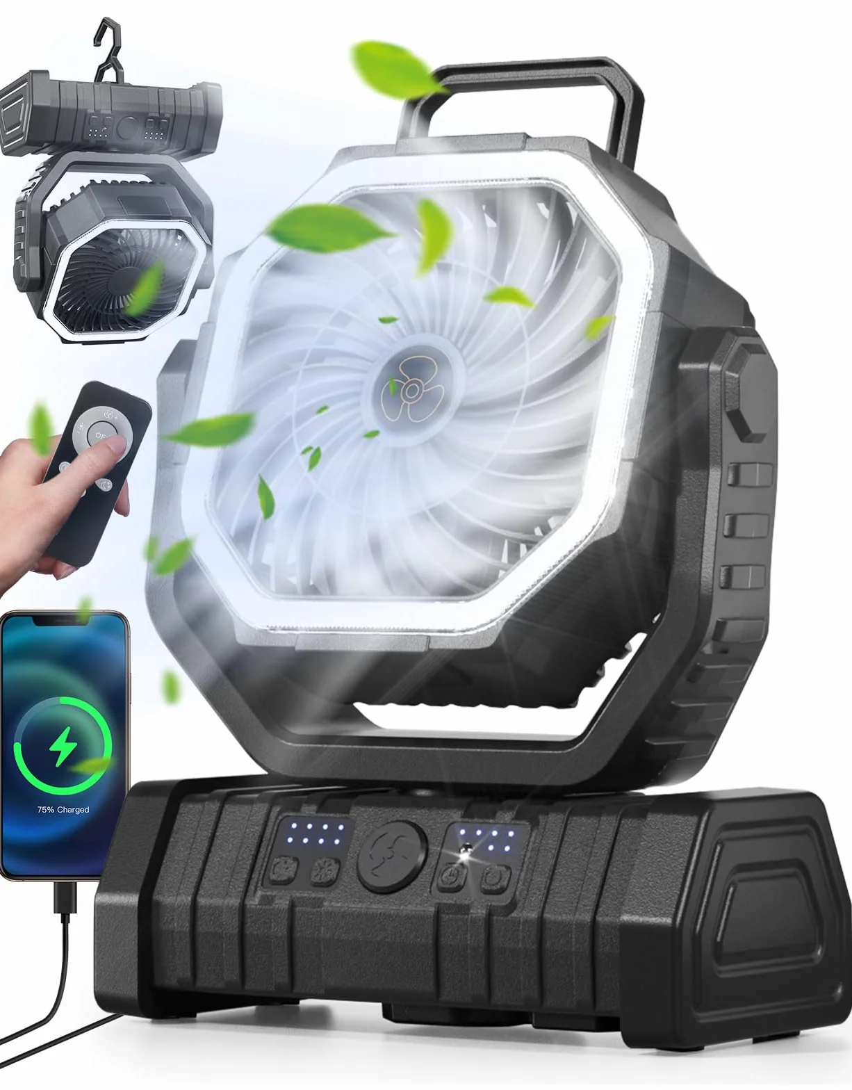 Richday 20000mAh con lanterna LED Ventilatore da campeggio Ventilatore silenzioso a 4 velocità Rotazione di 270° Ventilatore da campeggio all'aperto per uffici Tenda da camera da letto Campeggio