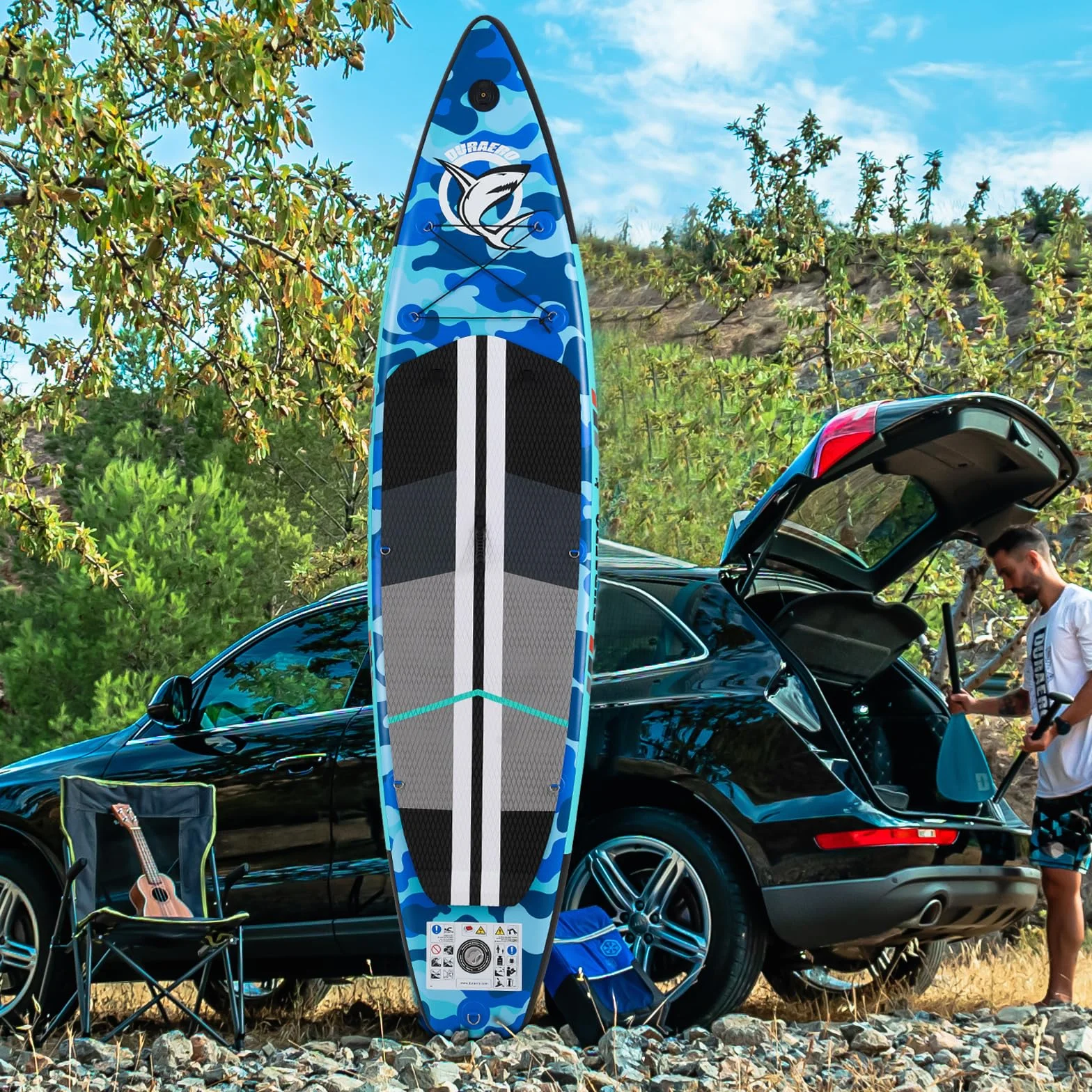 Stand up paddle gonfiabile, sedile per kayak e supporto per fotocamera, pagaia 2 in 1, 330 x 76 x 15 cm, fino a 150 kg, pompa con cinghia da piede, zaino
