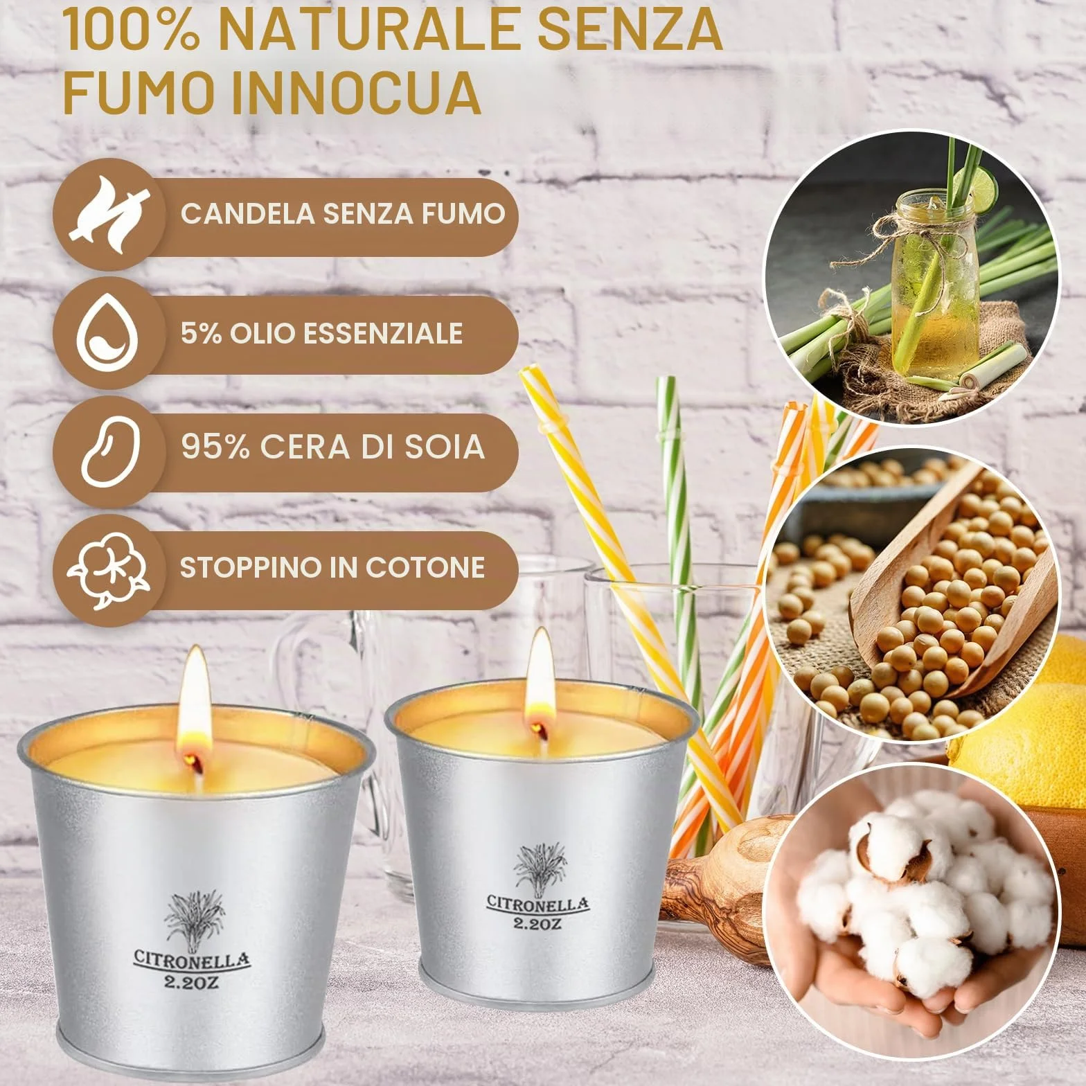 Candele Citronella Esterno Set 12x2.2oz Cera di Soia Naturale Oli di Citronella 120-180 Ore