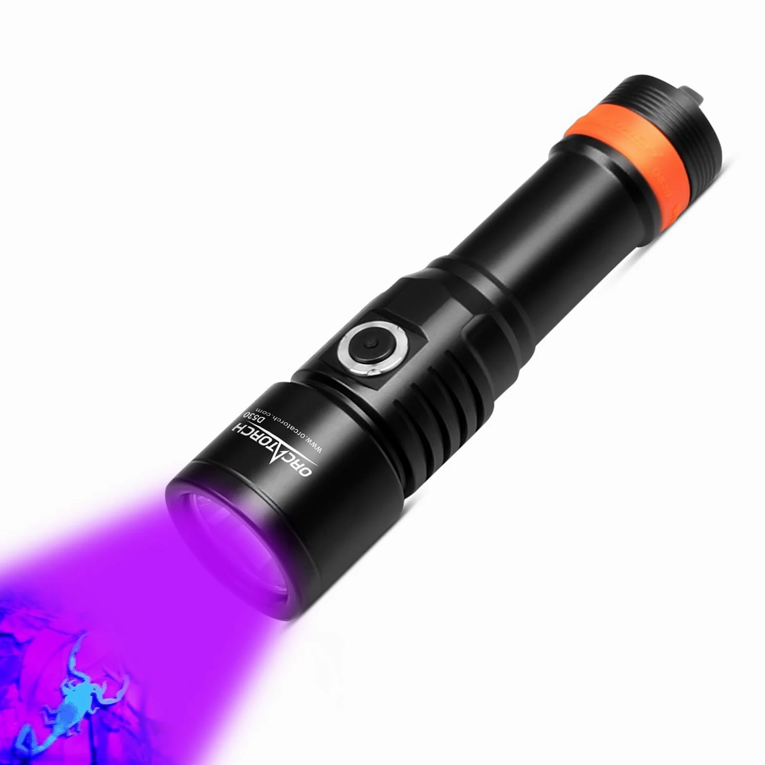 ORCATORCH D530 ARA Dive Light, 395NM LED UV Luce nera con 8 gradi angolo di fascio stretto, interruttore laterale in lega di titanio, 2 modalità di illuminazione, impermeabile IP68 per immersioni