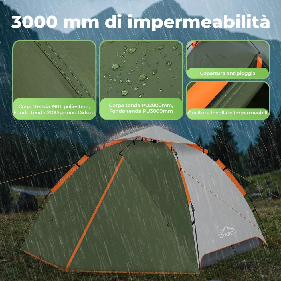 Tenda Campeggio 2-4 Persone Automatica Doppia Porta Anti UV Impermeabile 2 in 1 Interna Esterna
