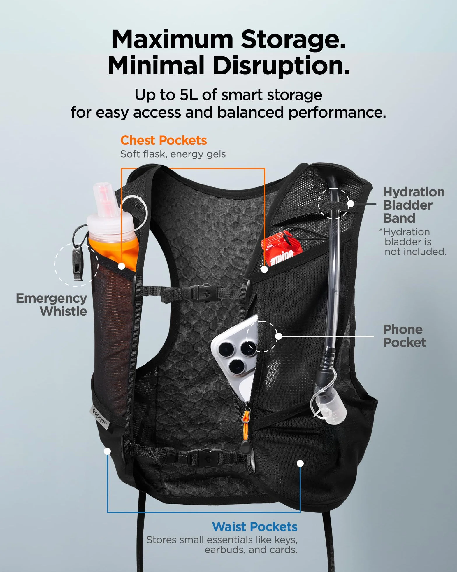 Spigen Gilet Running 5L con Flask 500ml, Supporto Smartphone, Vestibilità Regolabile M/L Active Black