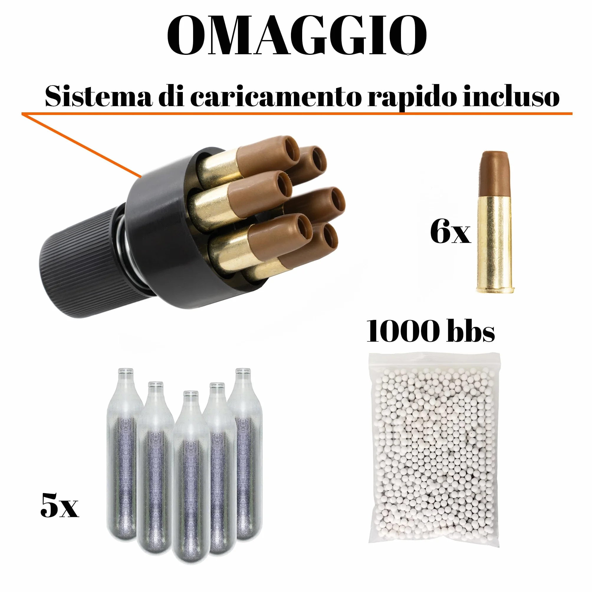 Pistola Softair Revolver a Pallini 6mm, 0,9 Joule, 34x12,5 cm, 5 Bombolette CO2, 1000 Pallini, Caricatore, 6 Bossoli