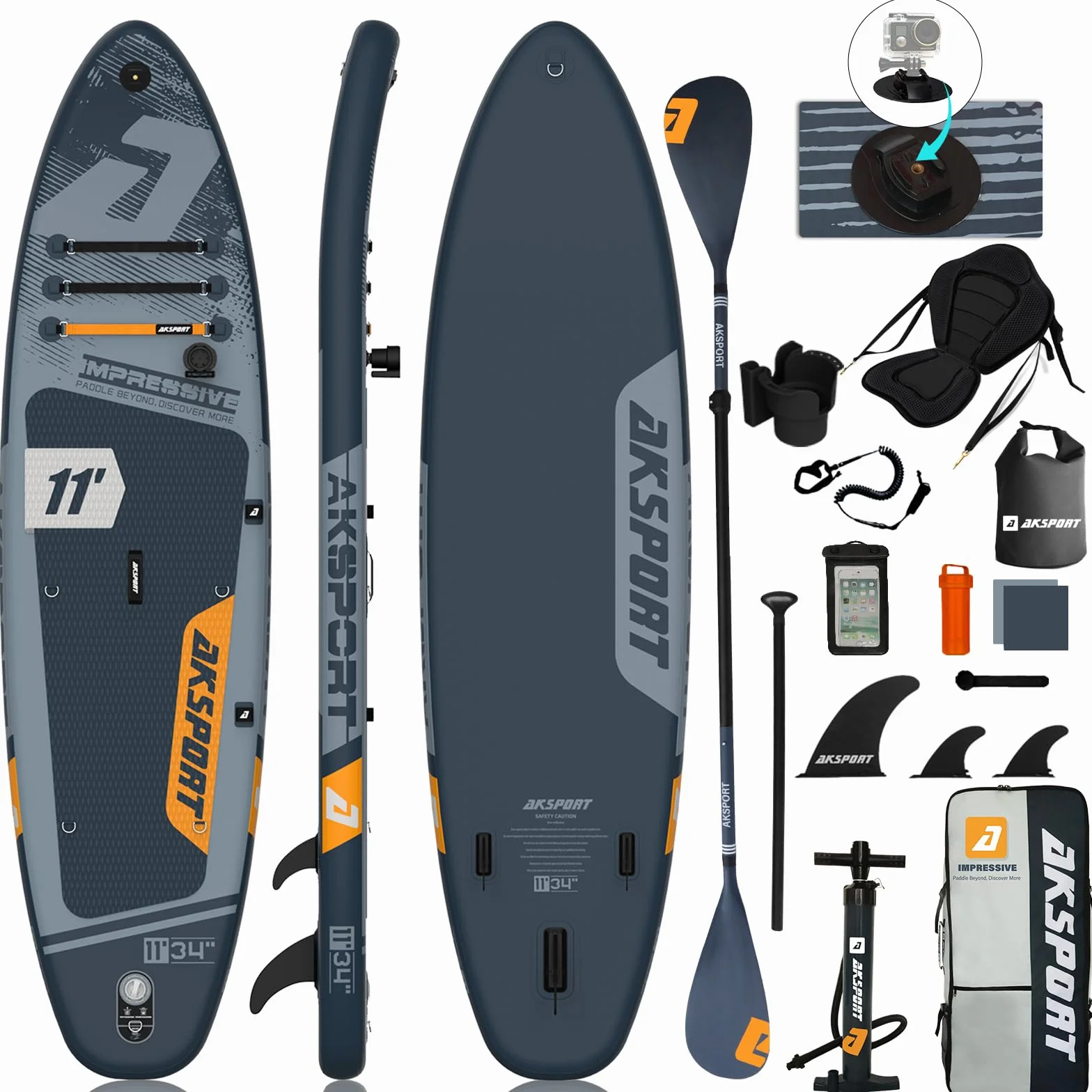 AKSPORT Tavola da Sup Gonfiabile 11' con Accessori Premium | Design Extra Largo 34" | Deck Antiscivolo | SUP per Adulti e Ragazzi di Tutti i Livelli