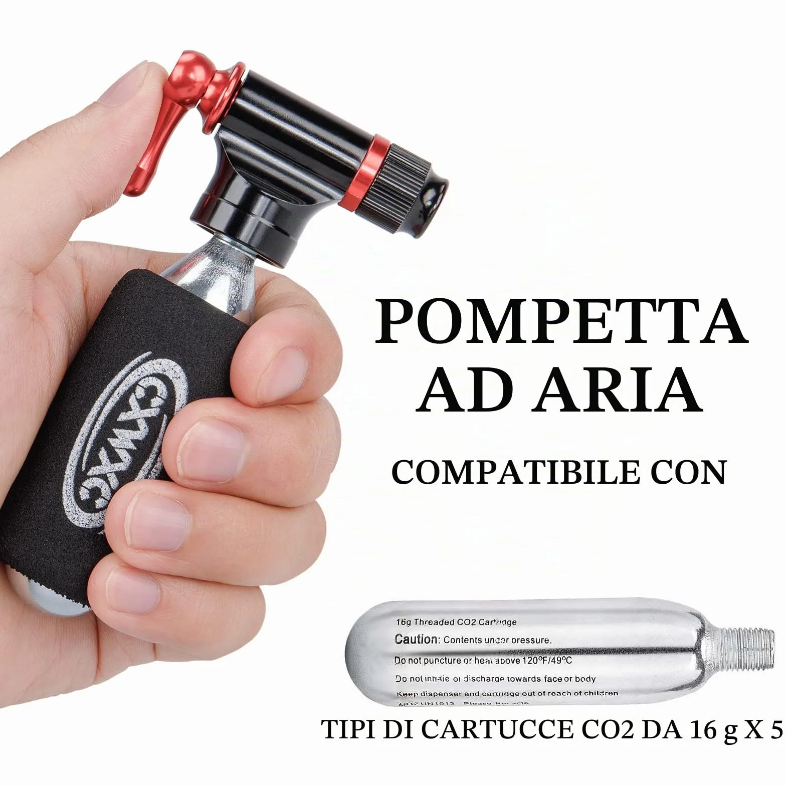 Pompa CO2 portatile Kit di gonfiaggio con cartucce 5x16g per pneumatici bici - Valvole Presta e Schrader