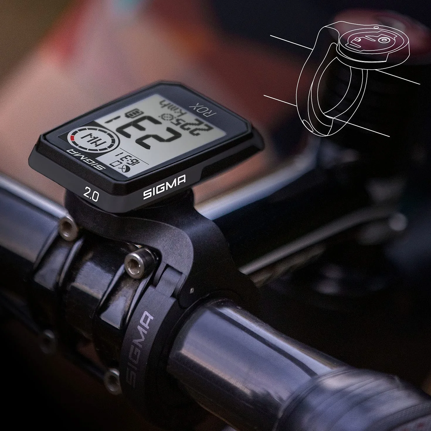 SIGMA ROX 2.0 Nero Top Mount Set Ciclocomputer senza fili con navigatore GPS e OVERCLAMP