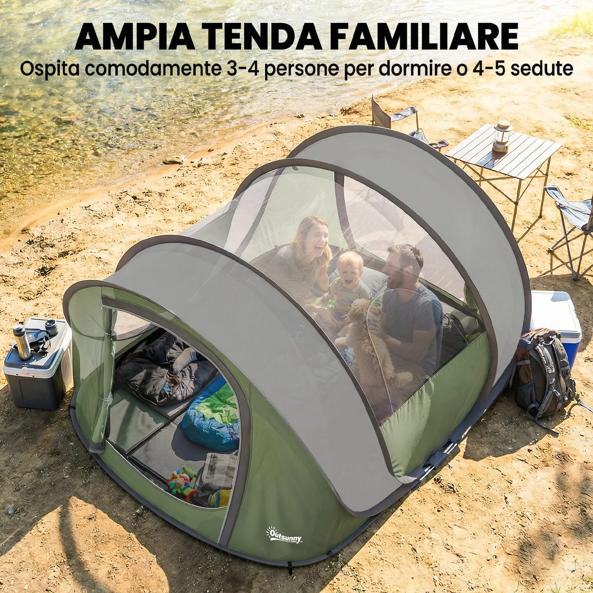 Outsunny Tenda da Campeggio Pop Up 4 Persone, Impermeabile 3000mm, con Borsa, Verde
