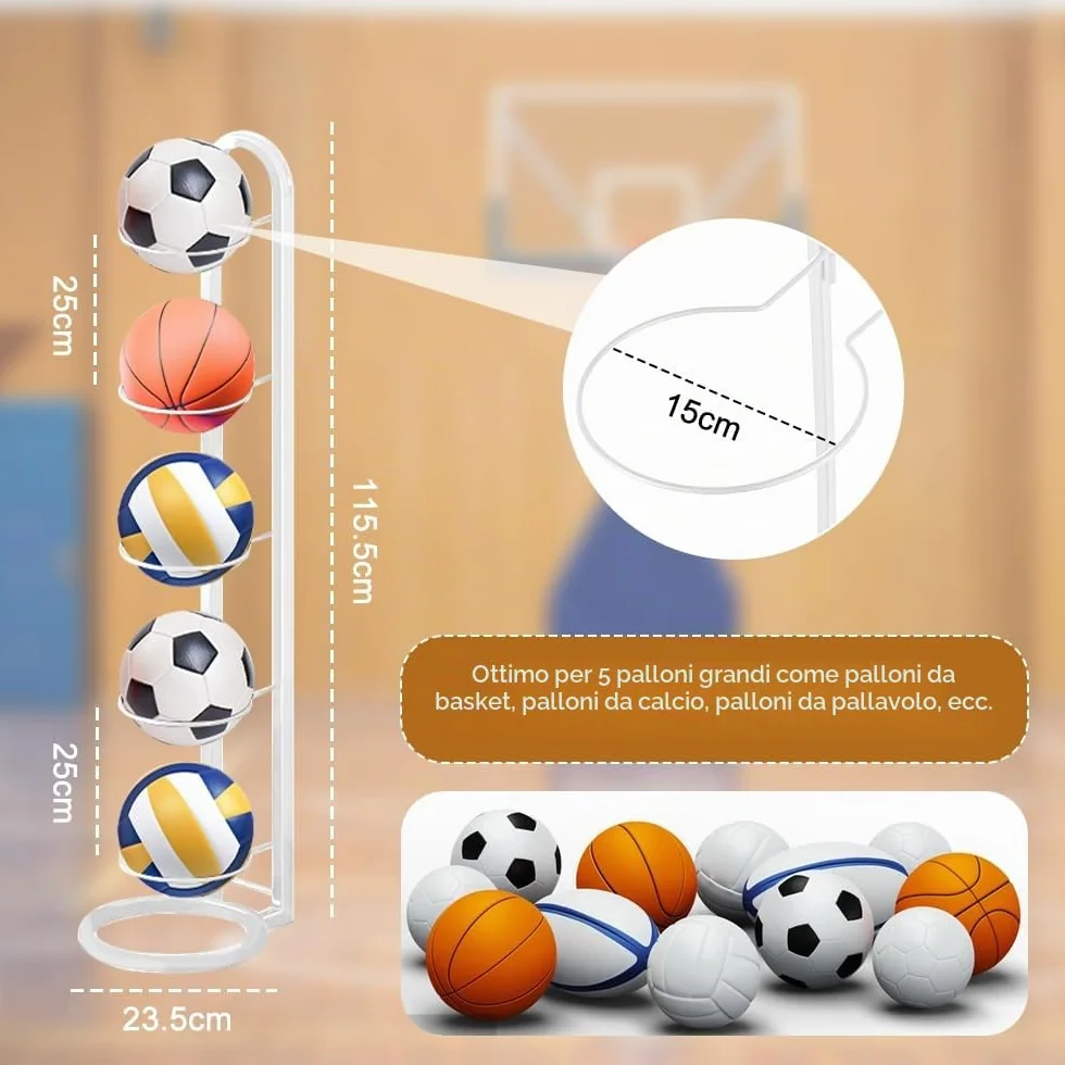 Portapalle per Calcio a 5 Livelli, Rastrelliera da Basket Verticale in Metallo, Supporto Palloni, Scaffale Stoccaggio Sportivo Bianco