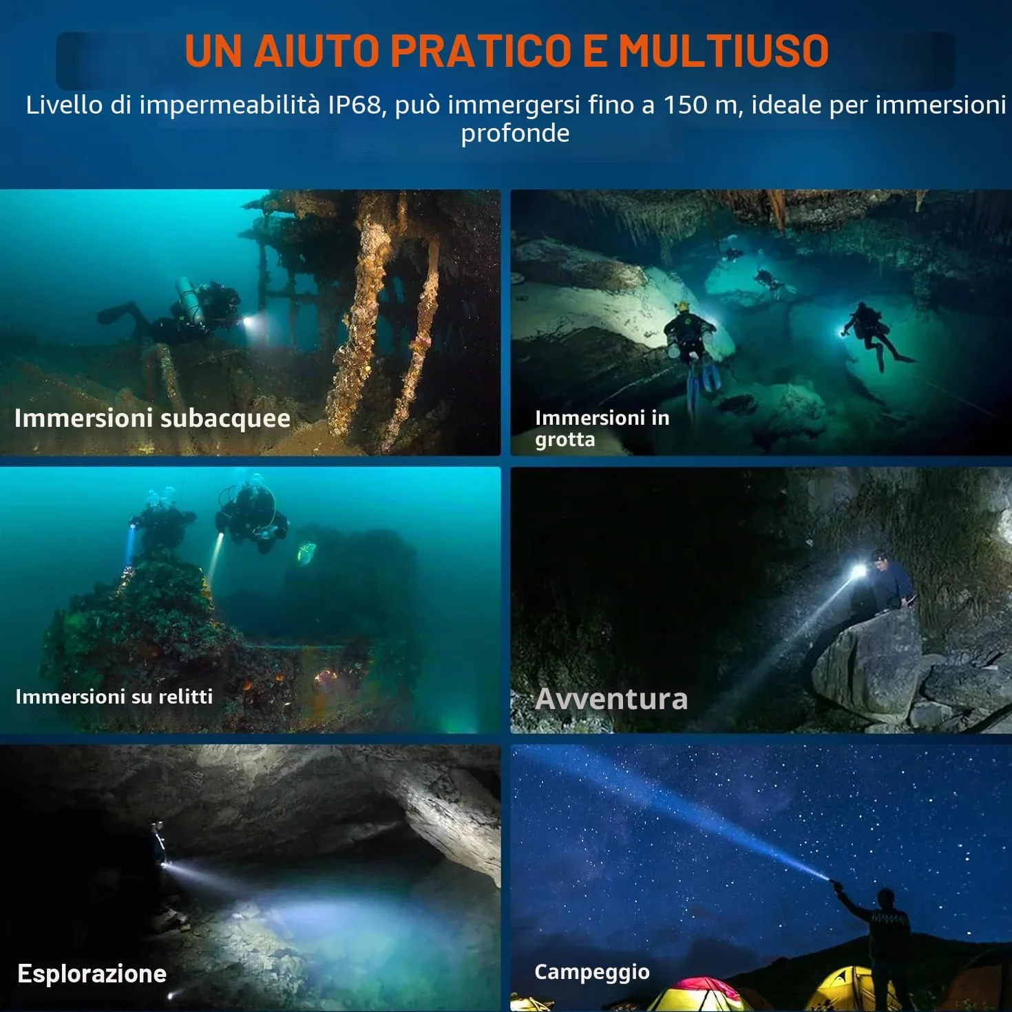 ORCATORCH ZD710MK2 Torcia Subacquea 1500 Lumen LED 4°-72° Zoom IP68 Impermeabile 150M