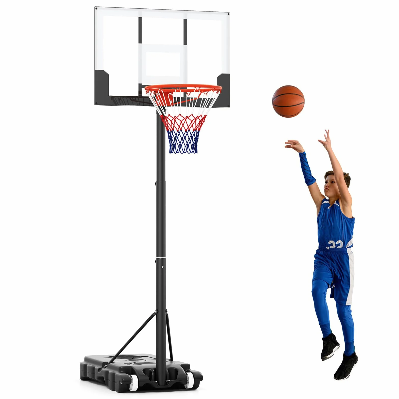 COSTWAY Canestro da Basket Regolabile 100-212 cm, Portatile con Tabellone in PC, Base Riempibile e Ruote