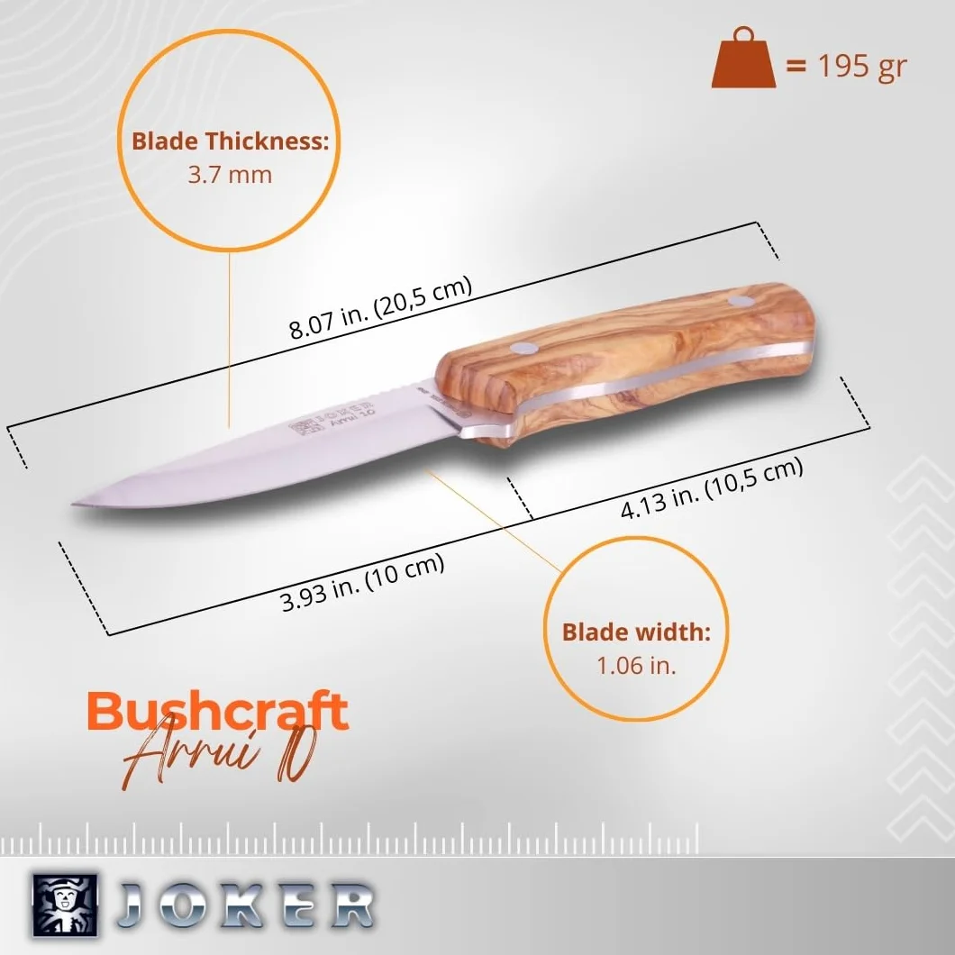 joker Coltello Bushcraft Arrui, incorpora custodia in pelle, con lama 10 cm Inox 420, cache in legno d'ulivo, 130 grammi, CO60 per la pesca, la caccia, l'escursionismo, il campeggio