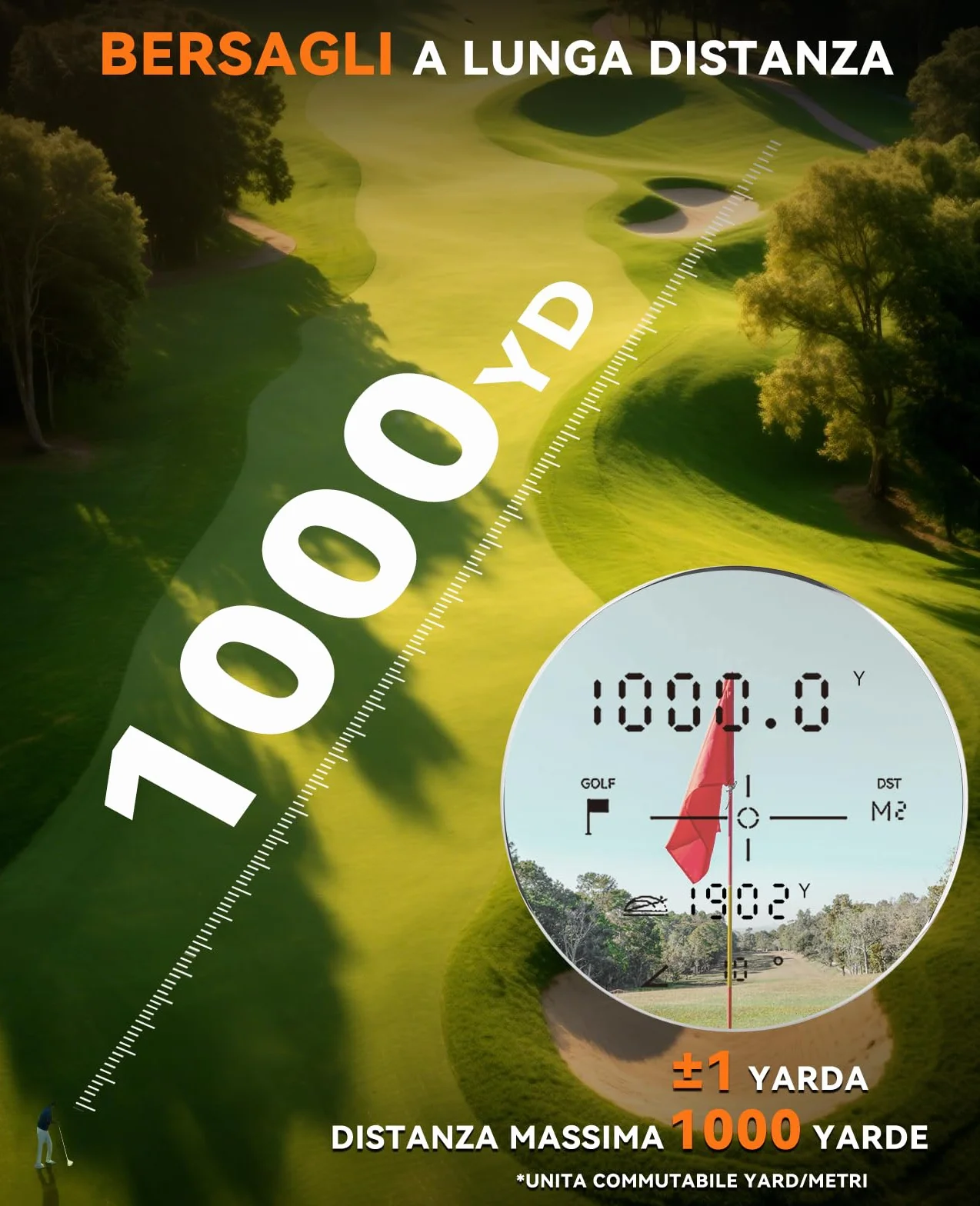 SUNPOW Telemetro Laser 7X Alta Precisione per Golf e Caccia, 1200 Iarde / 1000 Metri, con Pendenza, 5 Modalità, Blocco Asta Bandiera, Vibrazione e Batteria Ricaricabile