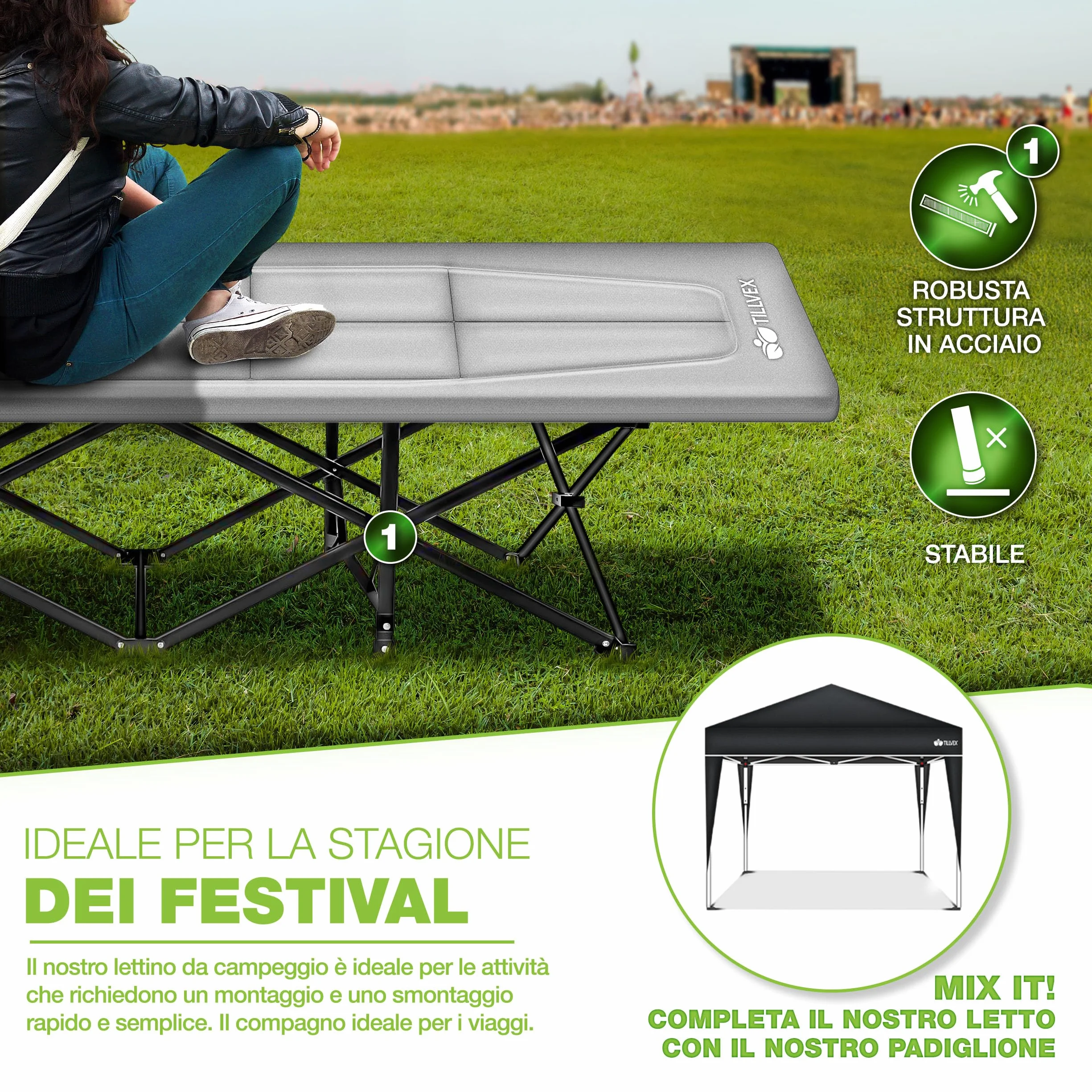 Tillvex Letto da campeggio pieghevole borsa trasporto 200 kg Lettino extra largo