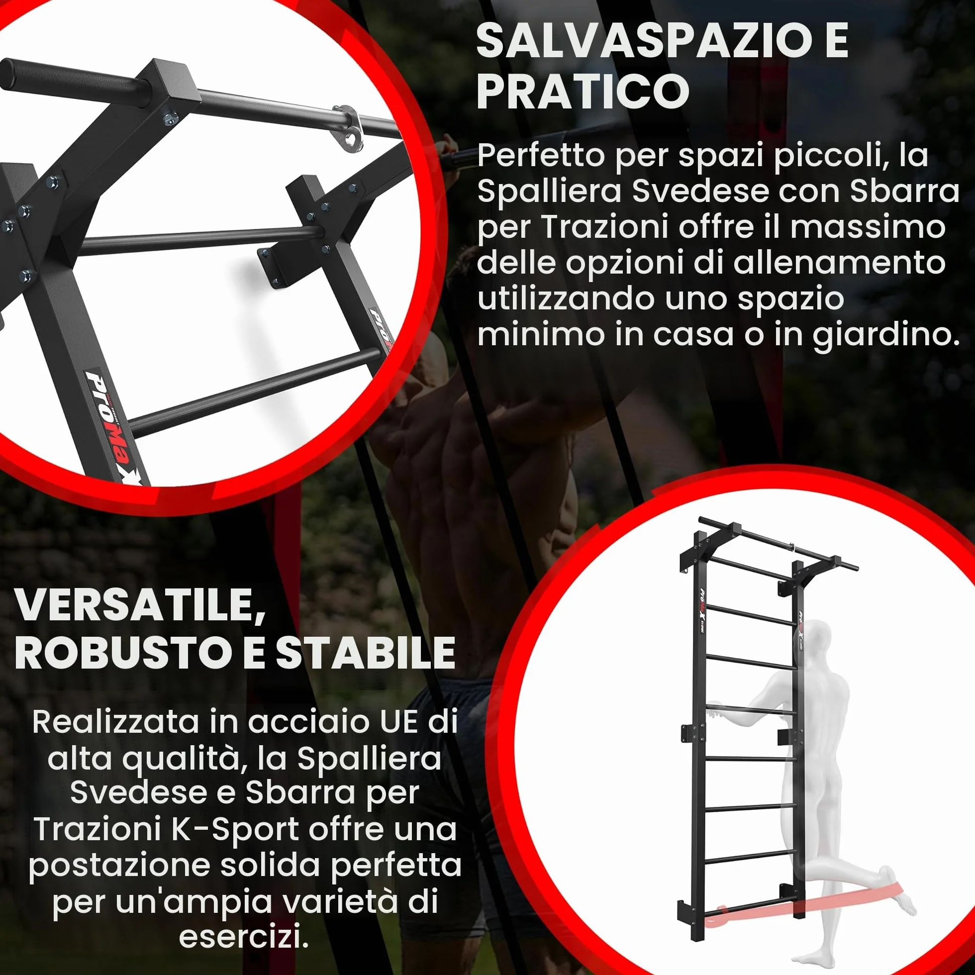 K-Sport Parete a Pioli con 8 Pioli, Portata 250 kg, Parete da Ginnastica con Barra per Trazioni, Parete in Metallo per Arrampicata per Adulti e Bambini