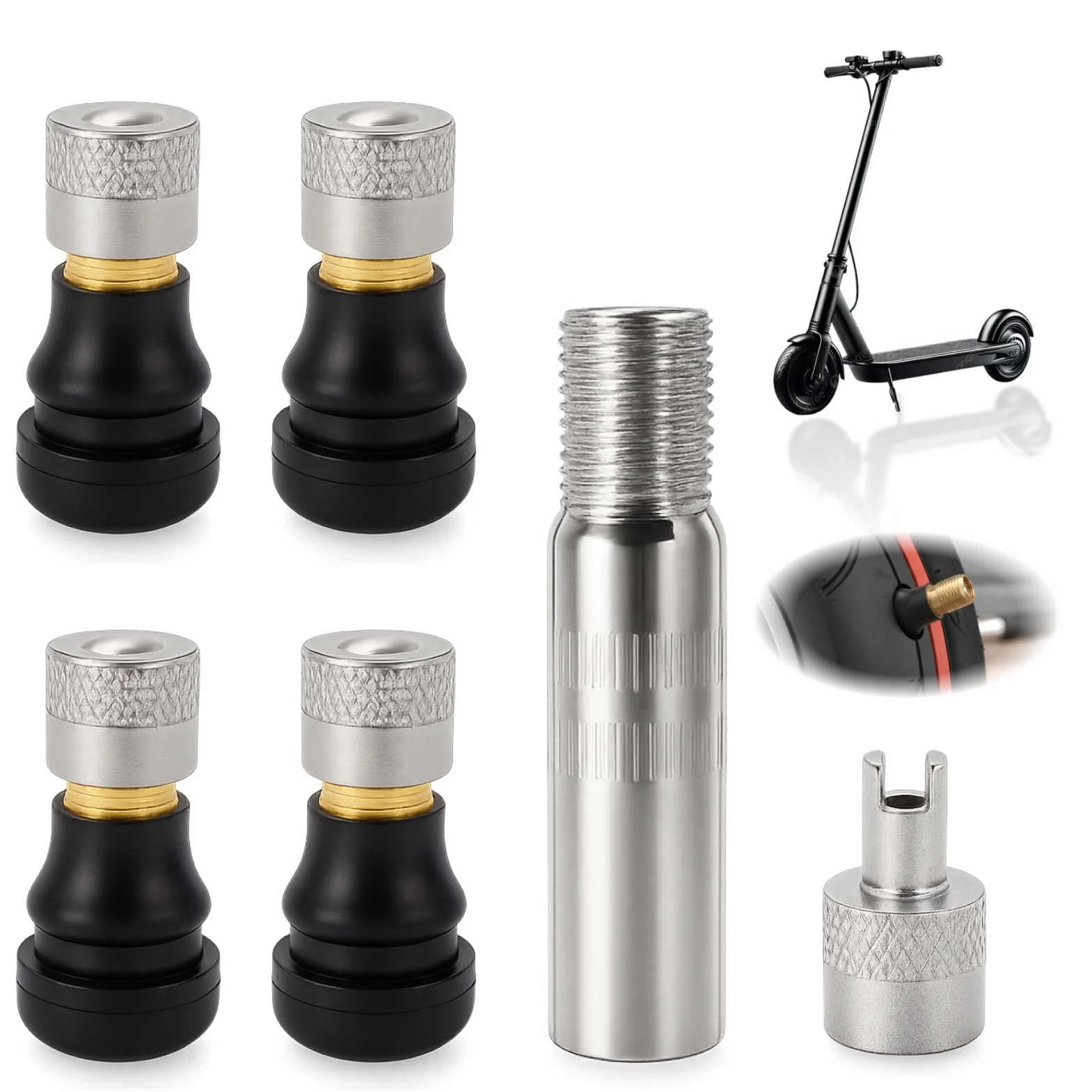 6 pezzi Valvola tubeless, adattatore prolunga per monopattino elettrico, set durevole di prolunghe valvola con funzione di tenuta, accessorio per pneumatici tubeless, montaggio facile, universale