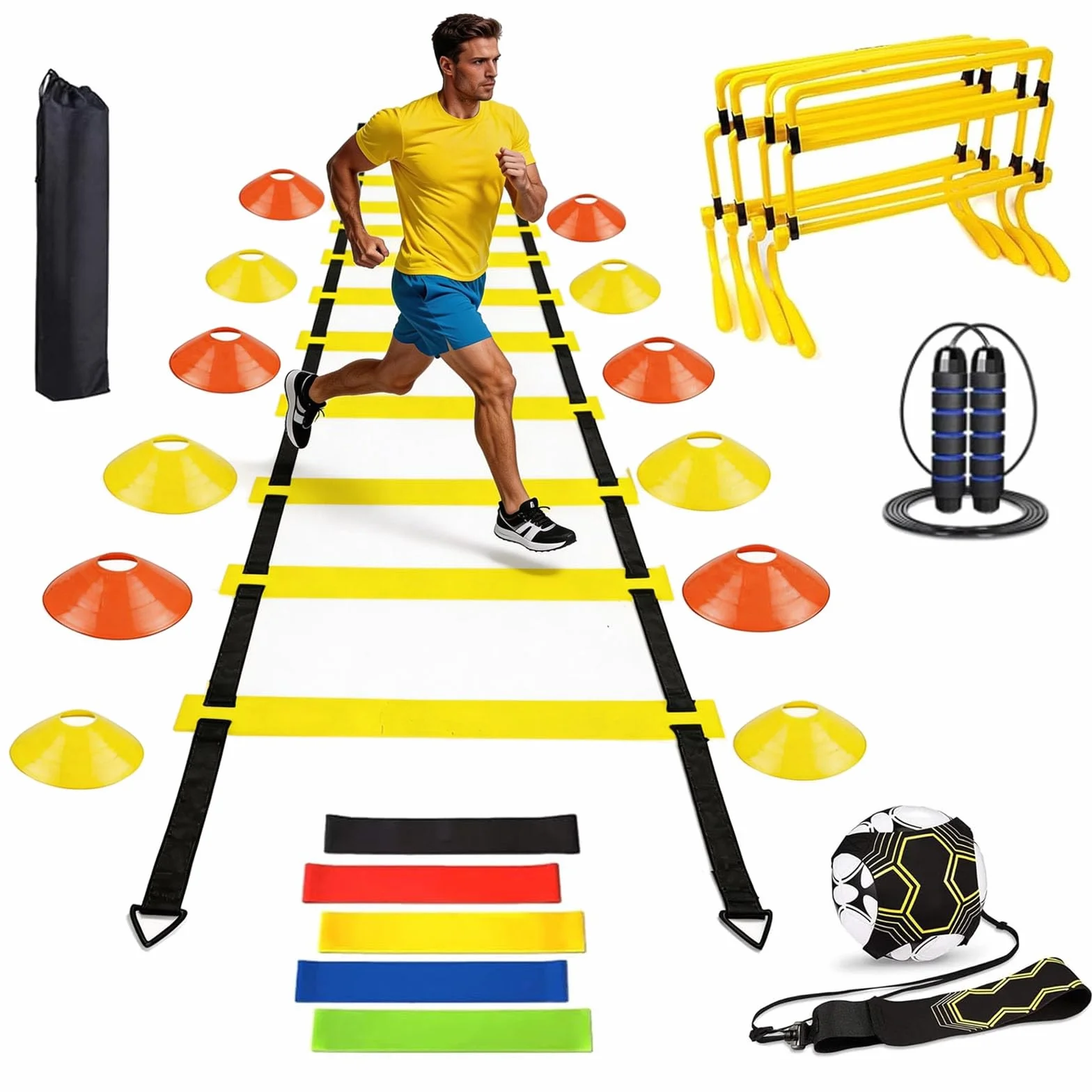 Aisny Accessori per L'Allenamento del Calcio, Scala di Coordinazione 6m, 12 Coni, 4 Ostacoli, Corda per Saltare, Elastici di Resistenza