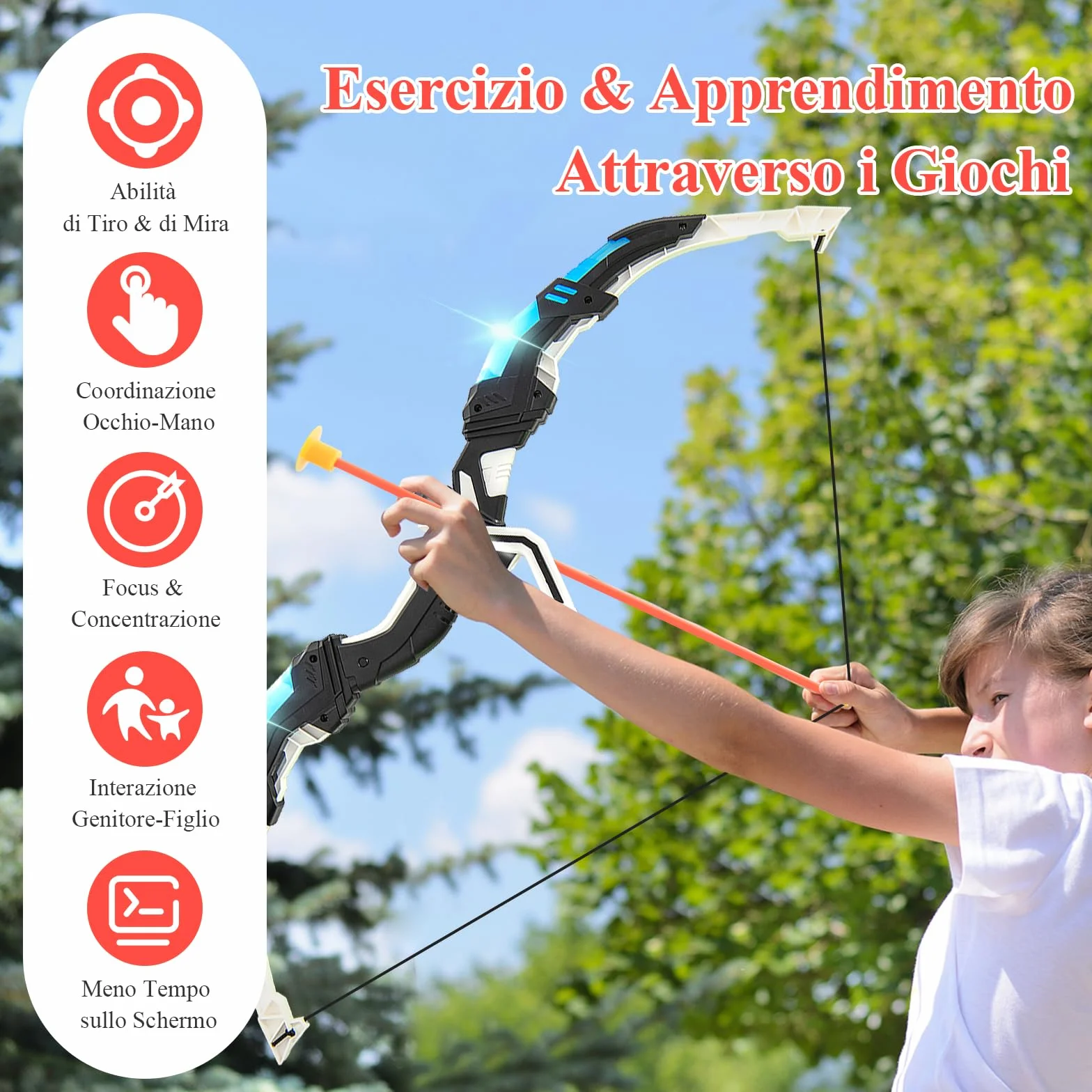 GYMAX Set di 2 Archi e Frecce a LED per Bambini con 20 Frecce a Ventosa, 2 Faretre e Bersaglio