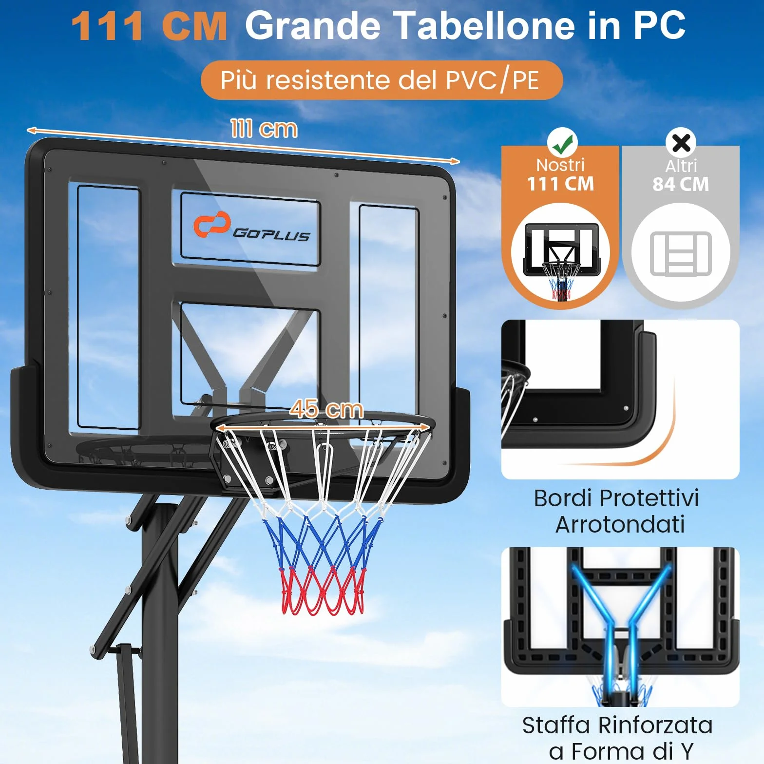 COSTWAY Canestro da Basket da Esterno Portatile Regolabile in Altezza 1,5-3 M Tabellone PC 111 cm Base Riempibile