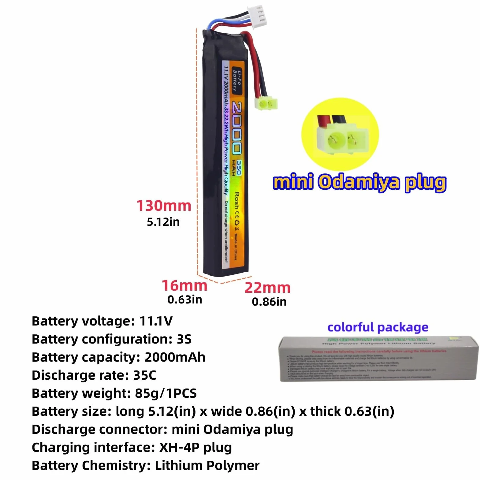 Batteria agli ioni di litio 11.1V 2000mAh 35C Odamiya con cavo di ricarica USB per Airsoft RC