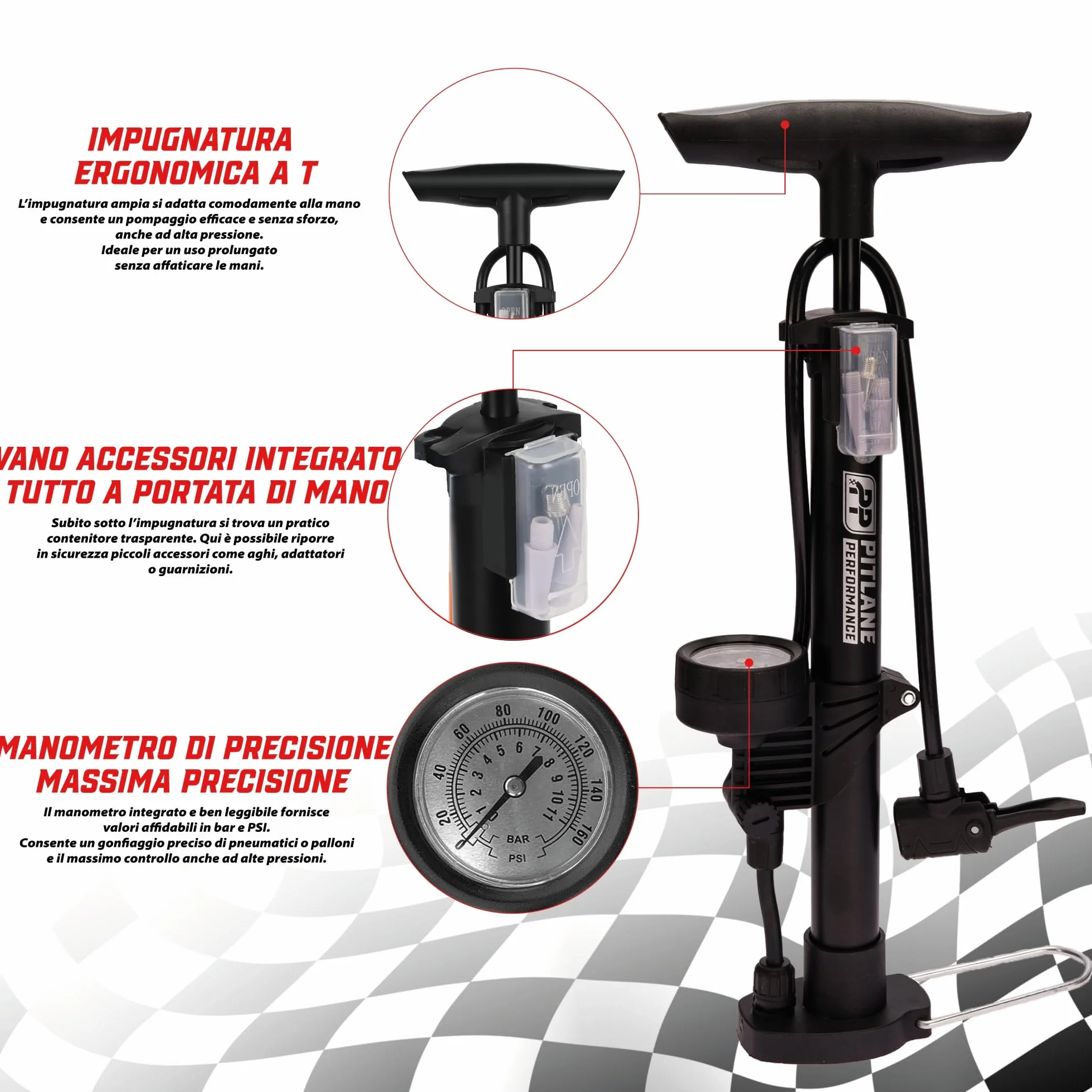Pompa a pedale con manometro 42 cm 11 bar per valvole Schrader Presta Dunlop