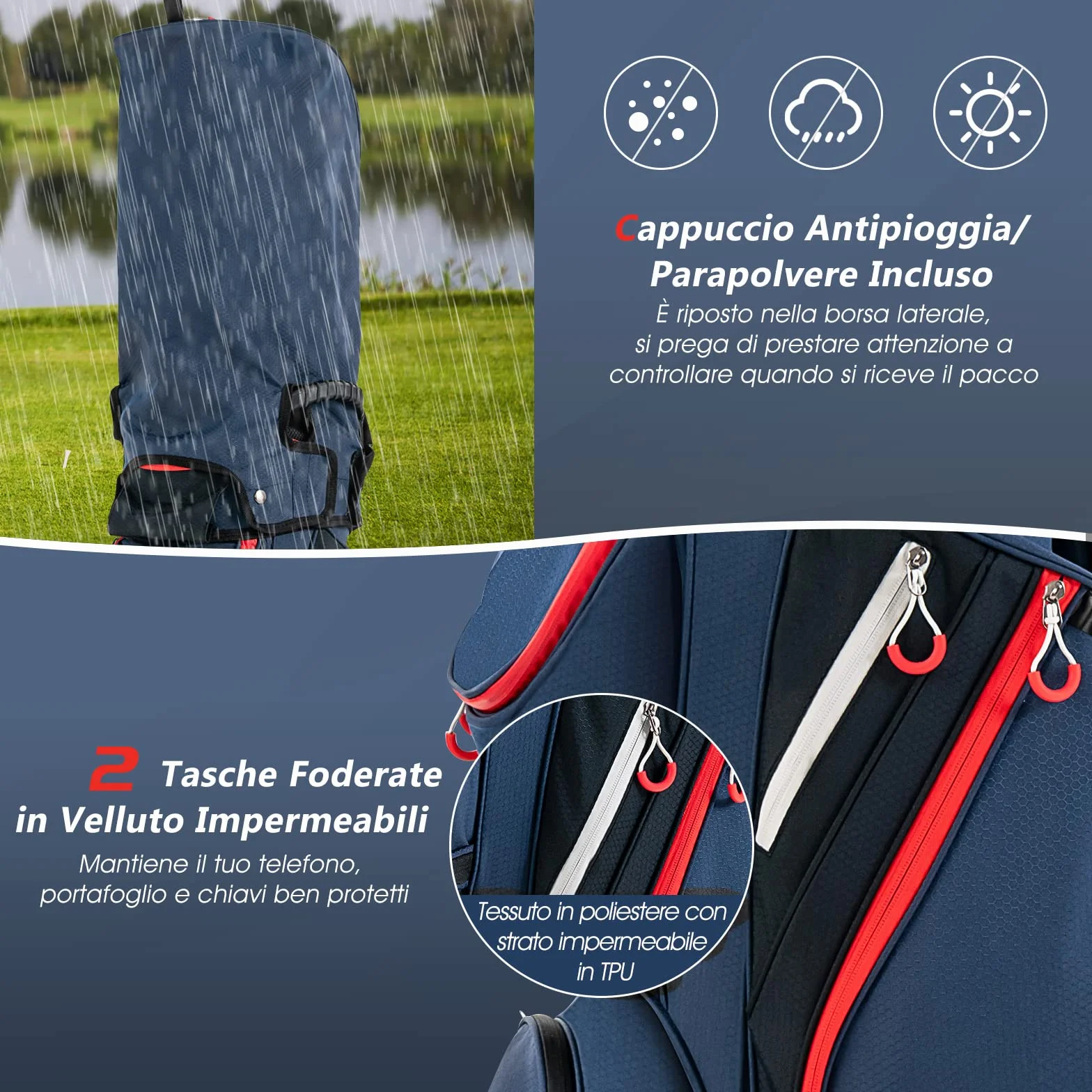 COSTWAY Borsa da Golf Leggera Grande Capacità 14 Divisori 8 Tasche Cappuccio Antipioggia Tracolla Borsa Termica Blu
