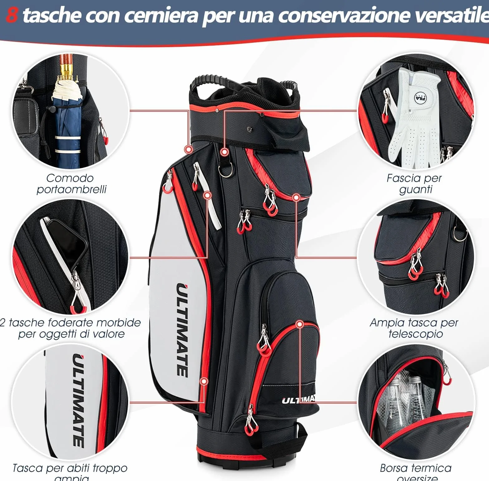 GYMAX Borsa da Golf 14 Divisori 8 Tasche con Cerniera Borsa Termica Copertura Antipioggia
