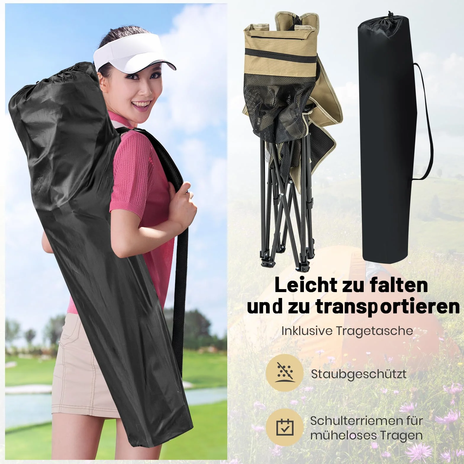 GIANTEX Sedia da Campeggio Pieghevole Reclinabile con Poggiapiedi e Cuscino, Portabicchieri, Tasca Laterale, Borsa per Trasporto, Verde