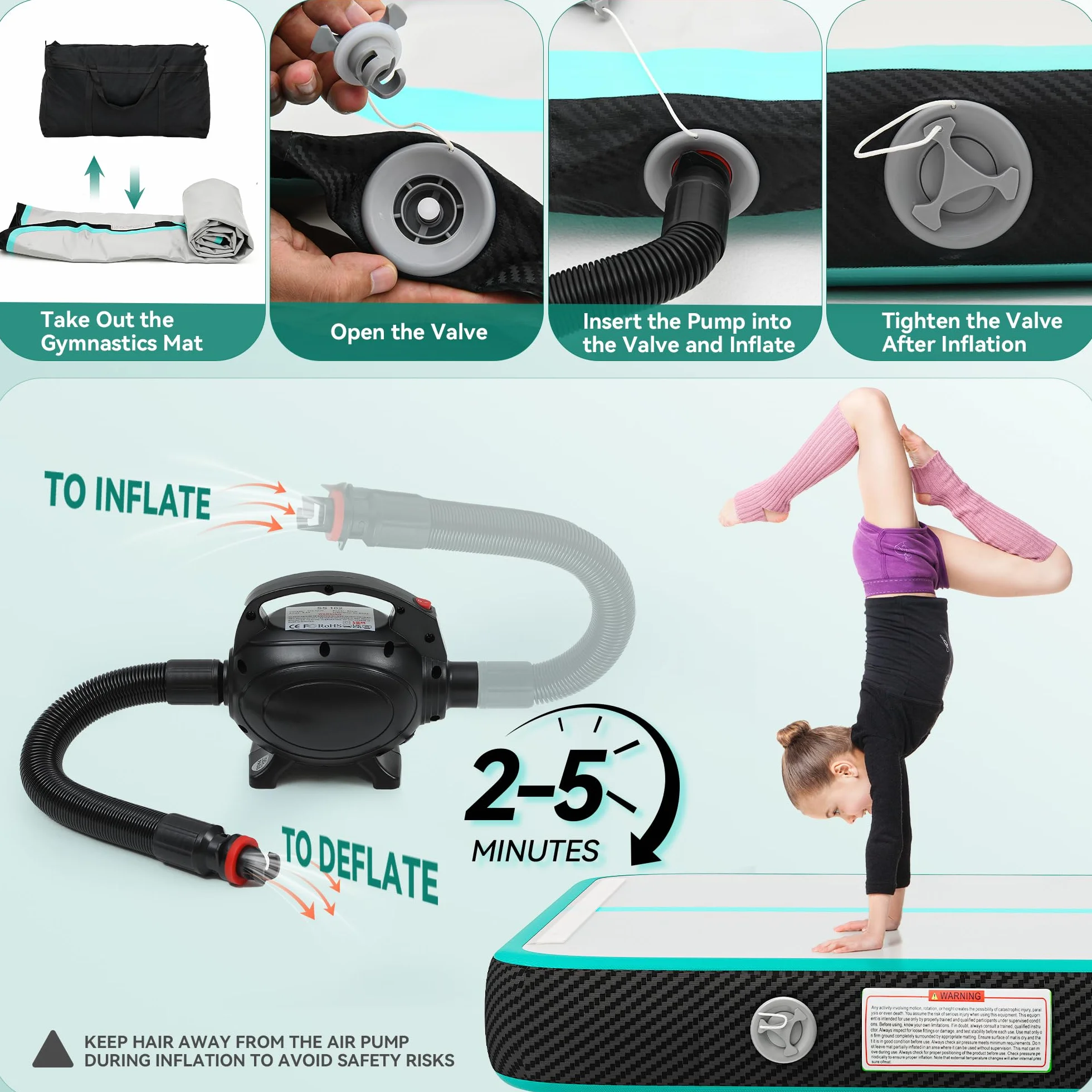 TAUS 3M/4M Air Matte Track,Tumbling Mat/bordo in fibra di carbonio con pompa ad aria elettrica, 10 cm di altezza, tappetino gonfiabile, per allenamento/tumbling/yoga/fitness