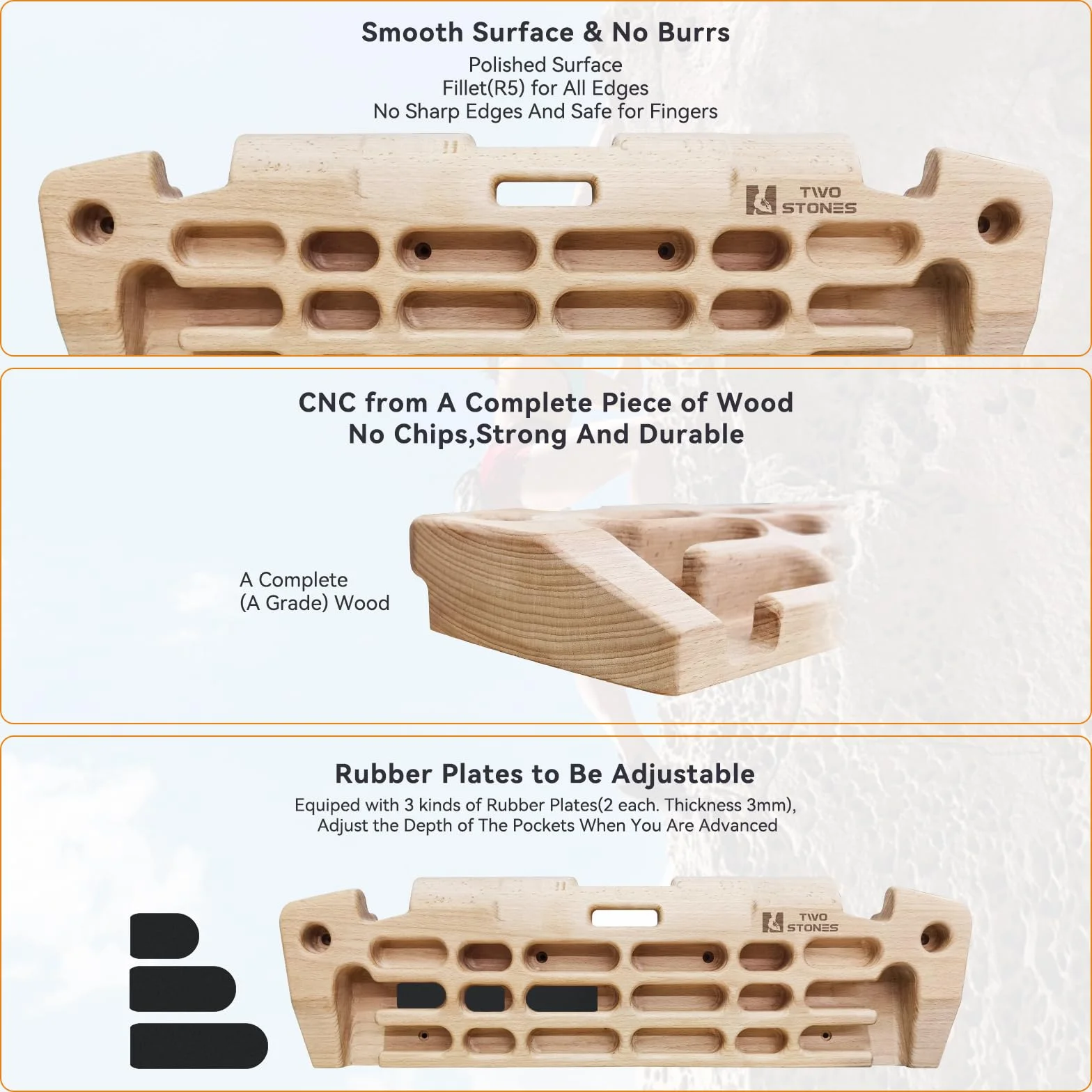TWO STONES Hangboard per Arrampicata su Roccia con Supporto per Telefono e Fascia, Legno