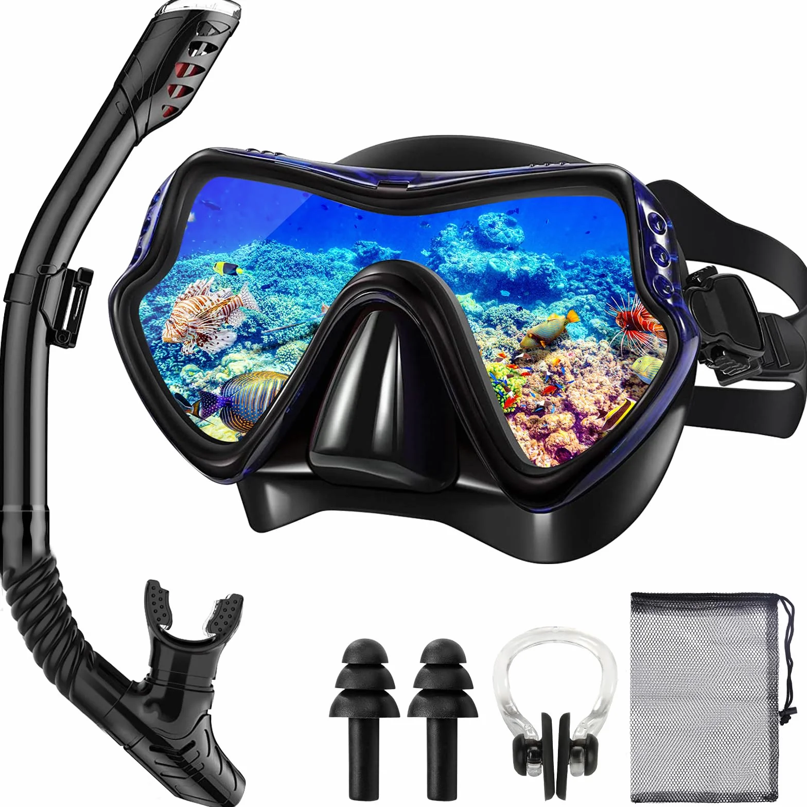 Maschera Snorkeling Adulto Antiappannante Panoramica 180° Set con Boccaglio