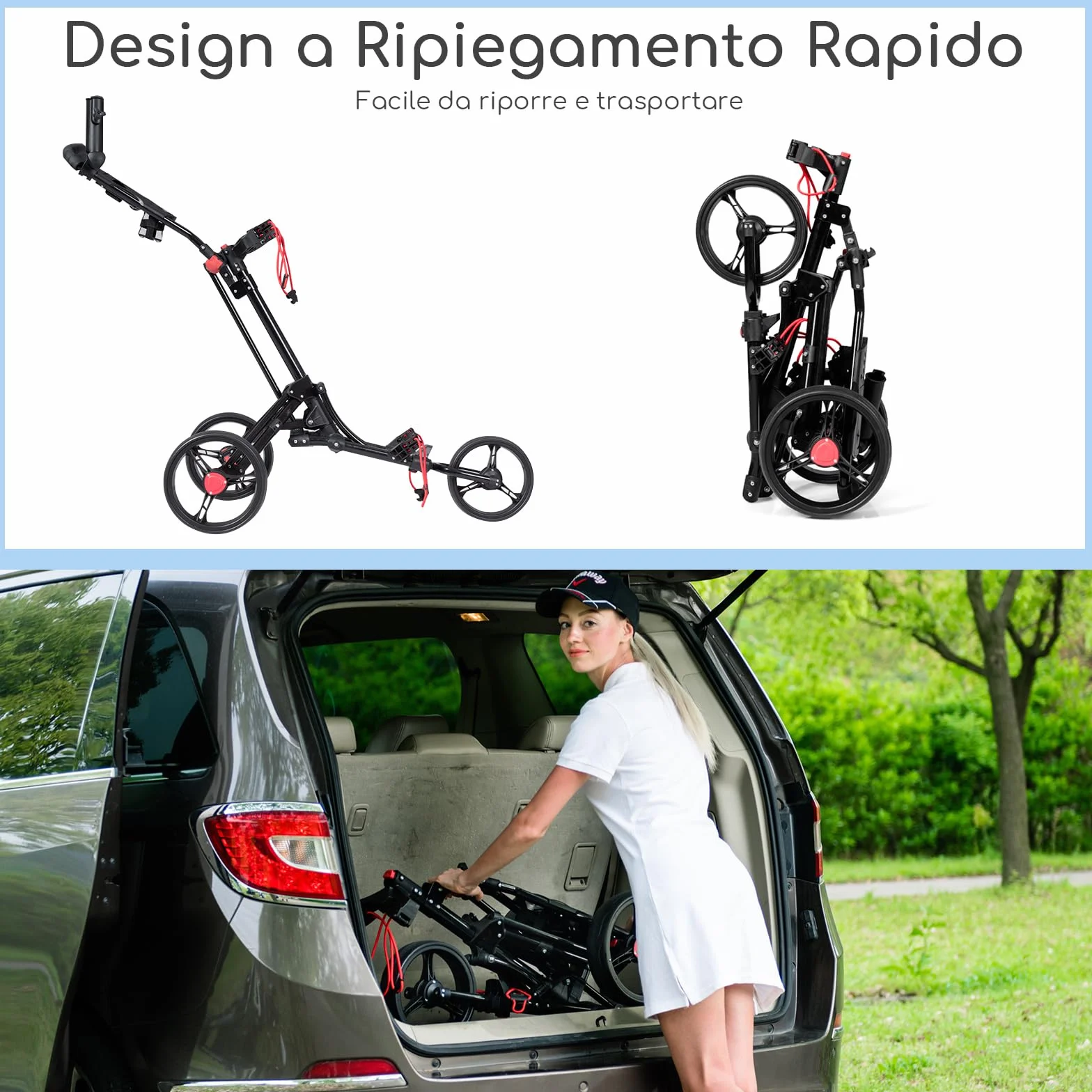 COSTWAY Carrello da Golf Pieghevole 3 Ruote Trolley Portaombrelli Porta Bicchiere Nero