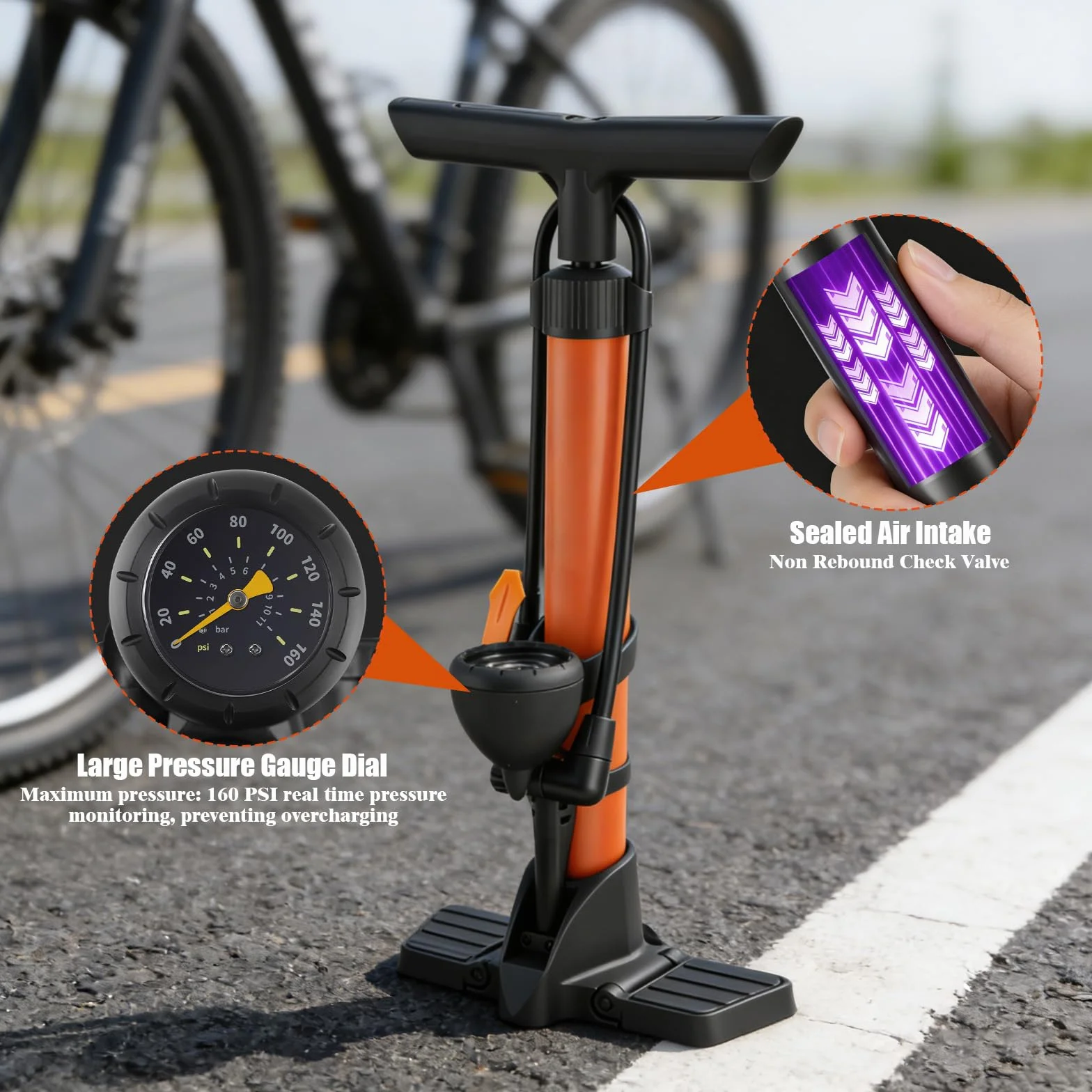 Pompa per Bicicletta da Pavimento con Manometro, Alta Pressione 160 PSI per Valvole Presta e Schrader, Arancione
