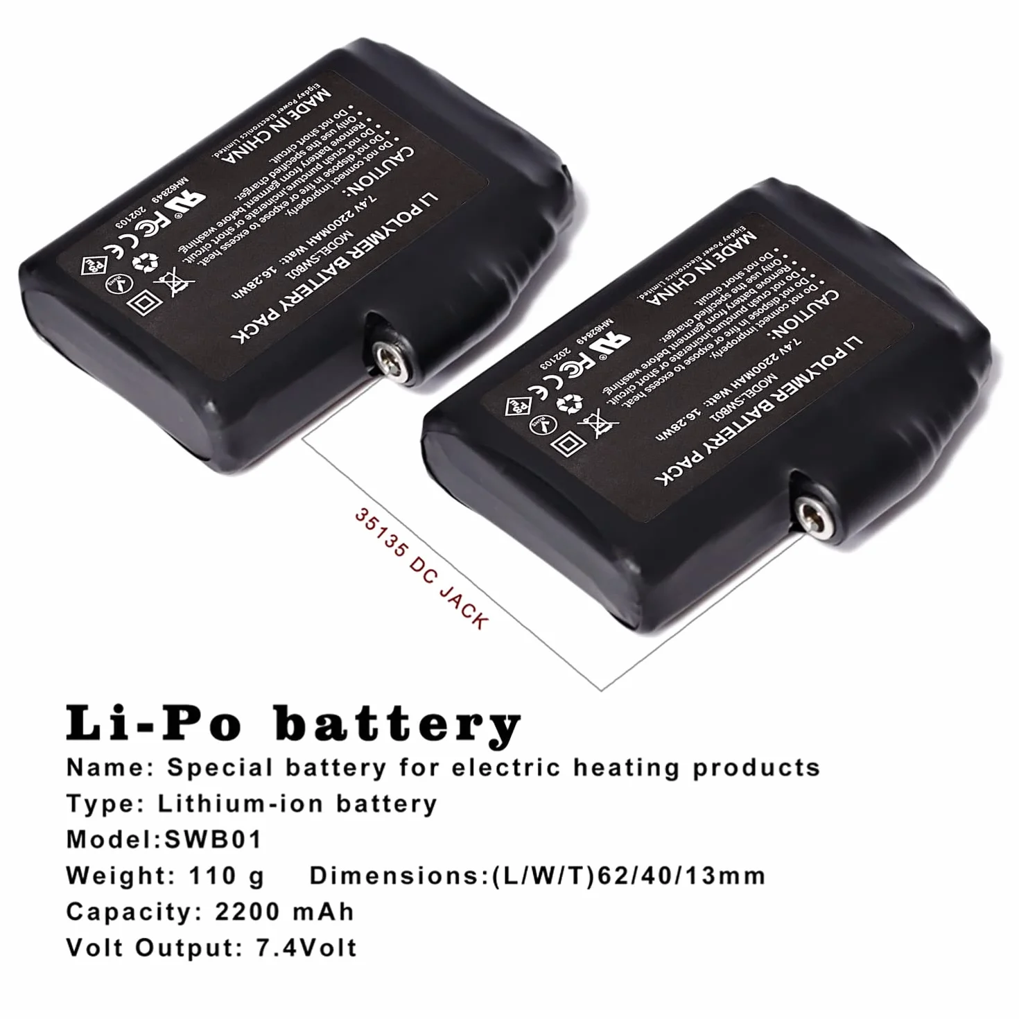 Batterie Ricaricabili ai Polimeri di Litio 7,4V 2200MAH/3000MAH per Guanti Calzini Cappelli Riscaldati 2 Pezzi